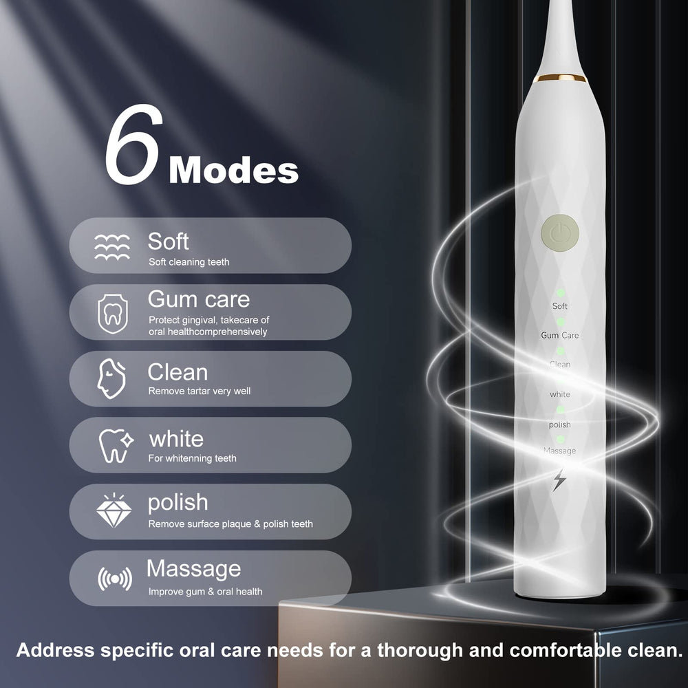 Display of six brushing modes: Soft, Gum Care, Clean, White, Polish, Massage