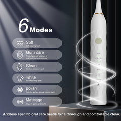 Display of six brushing modes: Soft, Gum Care, Clean, White, Polish, Massage