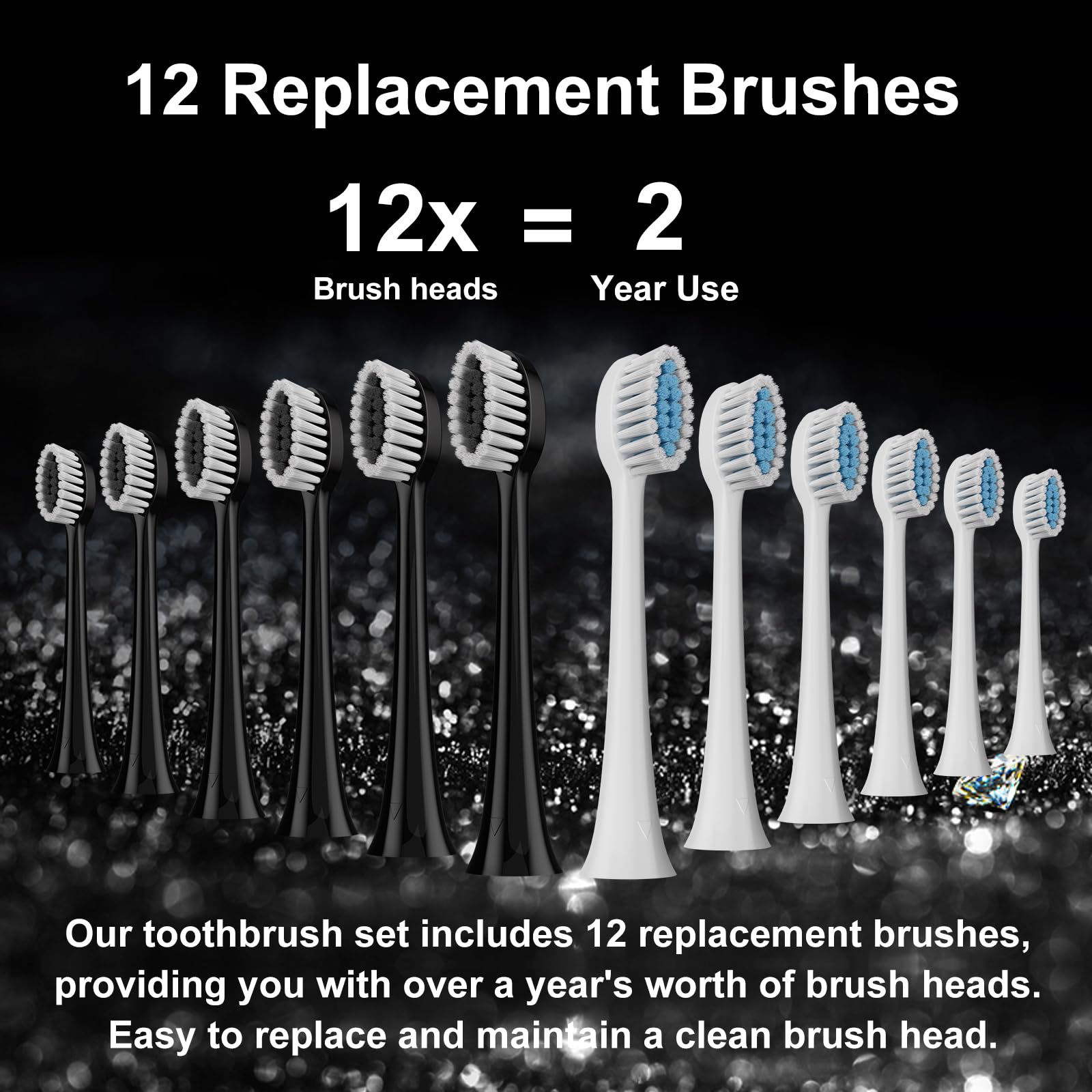 Ten replacement brush heads included