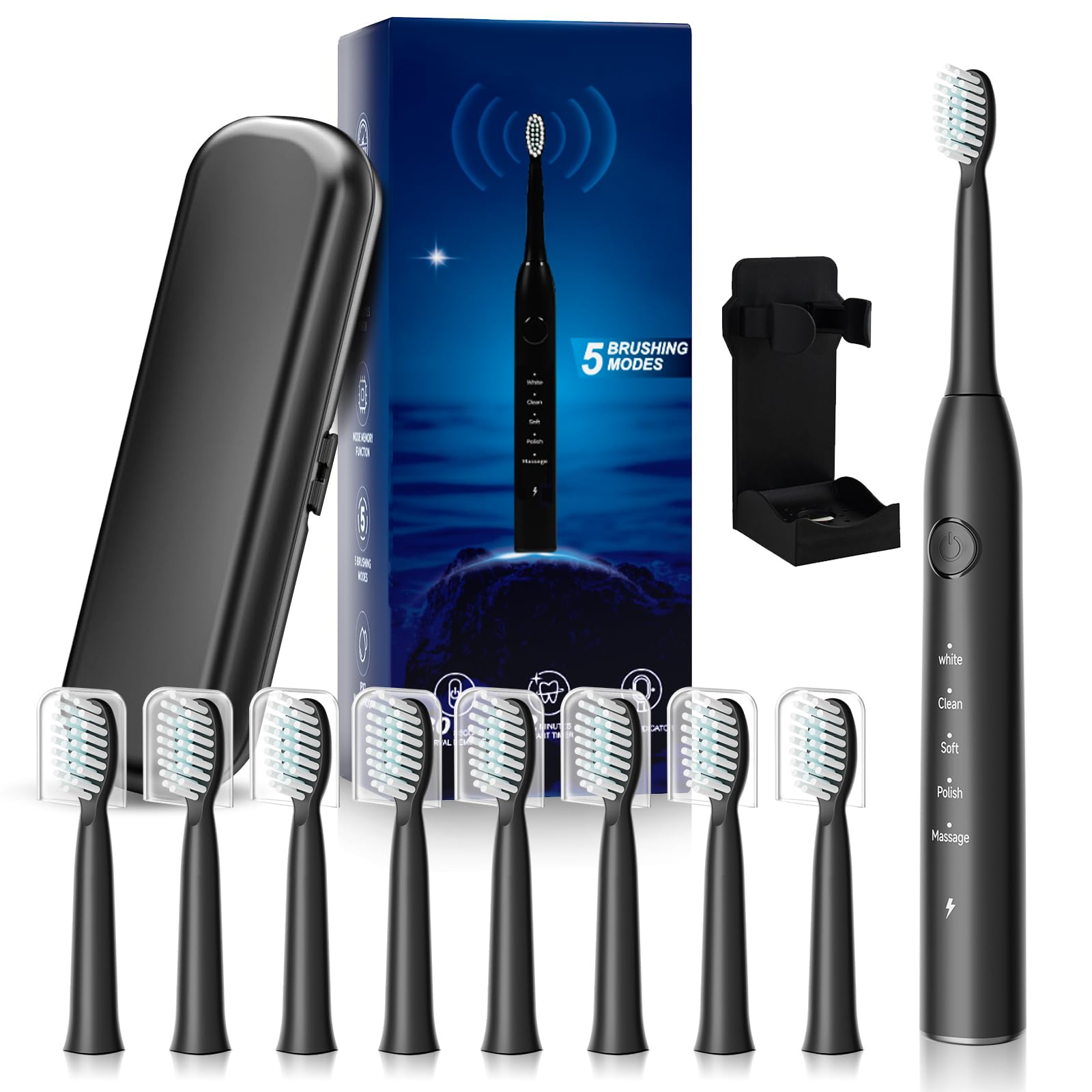 MAXWISDOM rechargeable electric toothbrush in black, front view
