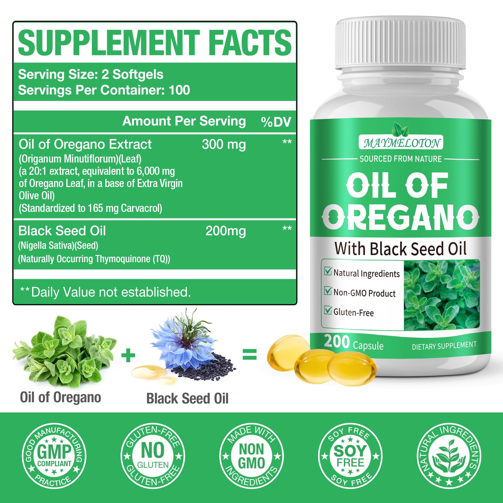 Lifestyle image with MAYMELOTON bottle and oregano leaves