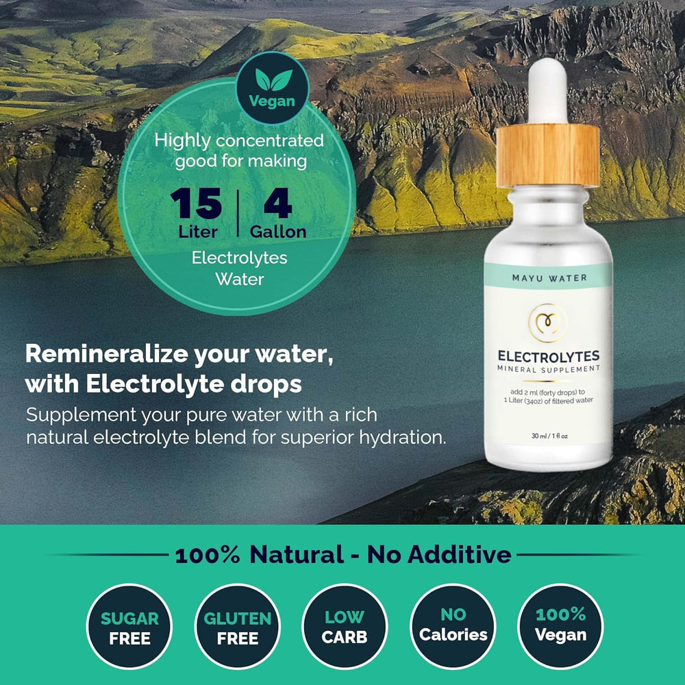 MAYU Electrolyte Water Drops sugar-free formula on a fitness bottle.