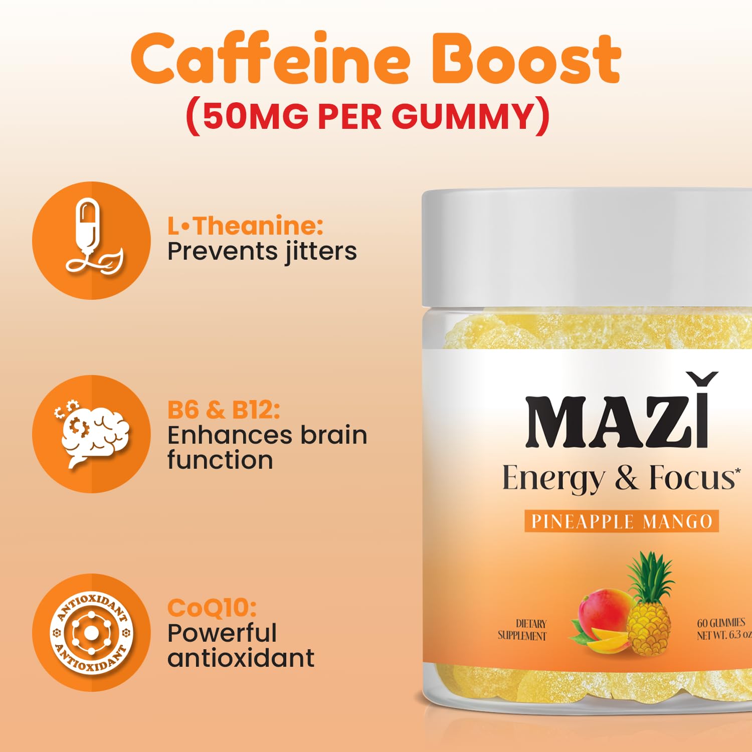 MAZI bottle close-up highlights natural caffeine and L-Theanine ingredients.