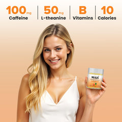 MAZI bottle close-up highlights natural caffeine and L-Theanine ingredients.