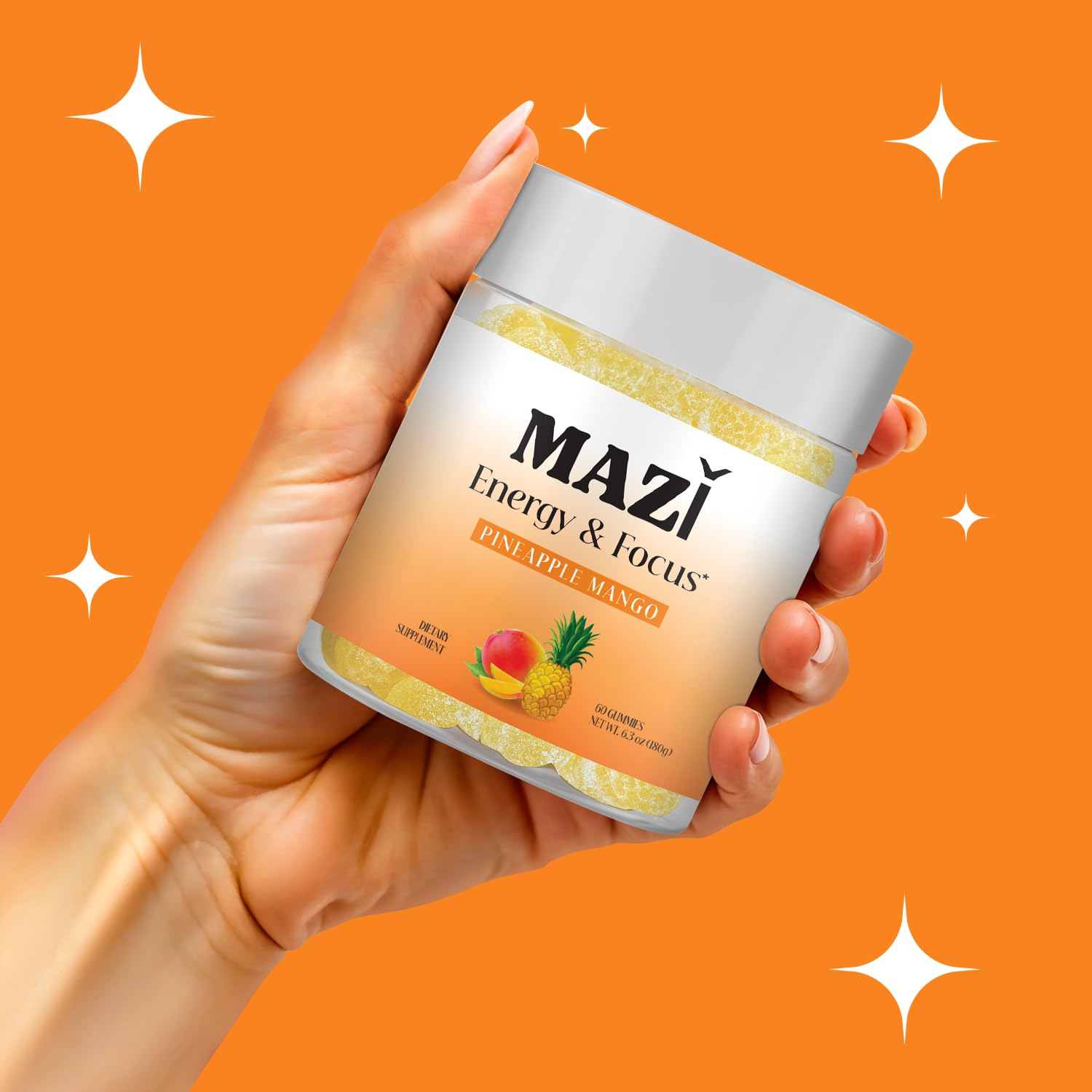 Gummies displaying bold fruit flavor and energy from MAZI Energy & Focus.