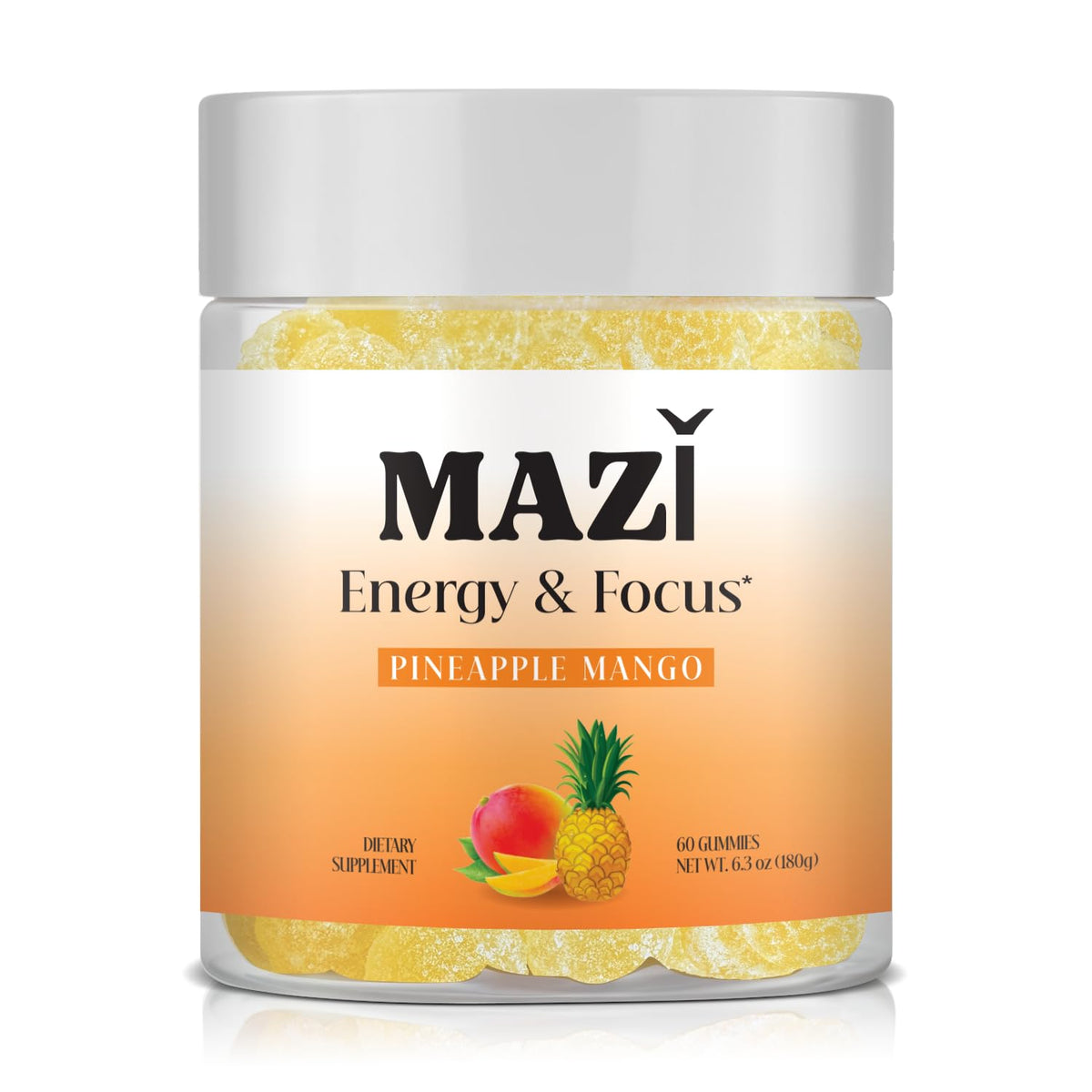 MAZI Energy & Focus gummies packaging show portable energy for busy mornings.