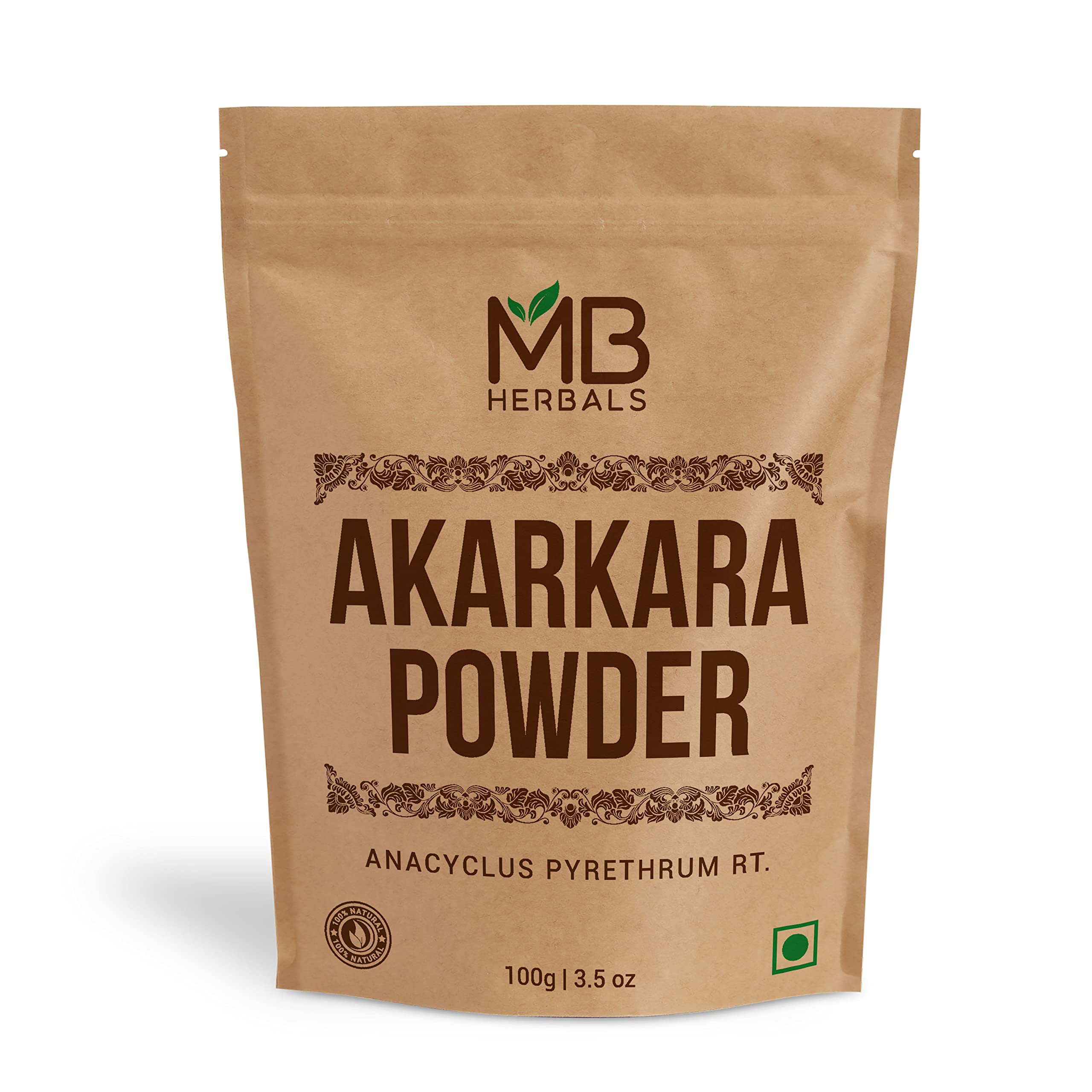 MB Herbals Akarkara Powder 100g – Anacyclus pyrethrum root powder, front view