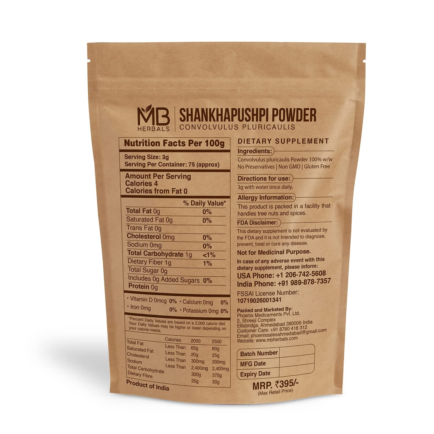 MB Herbals Shankhapushpi Powder 8 oz - powder close-up and label