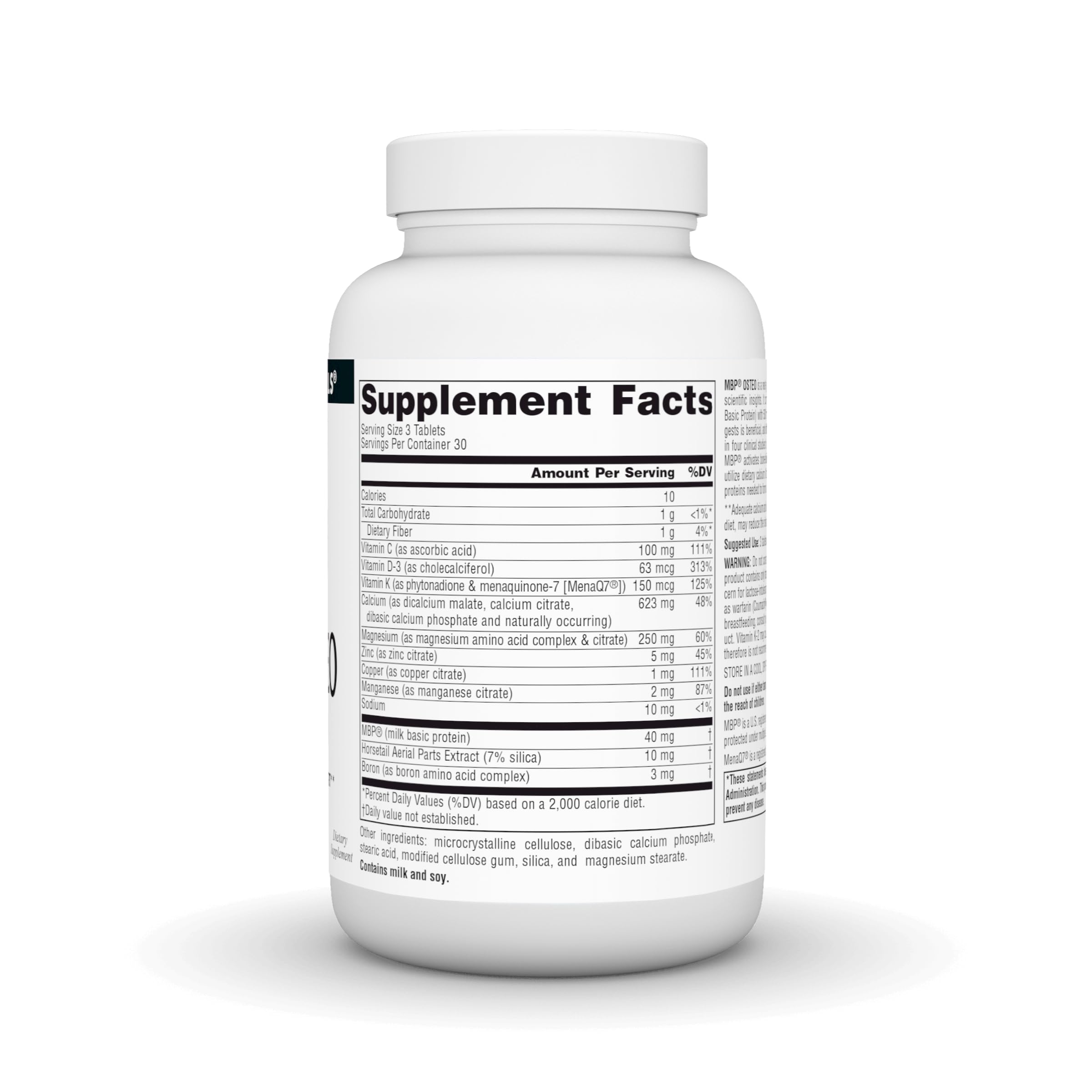 Back label of MBP Osteo bottle showing ingredients and warnings.