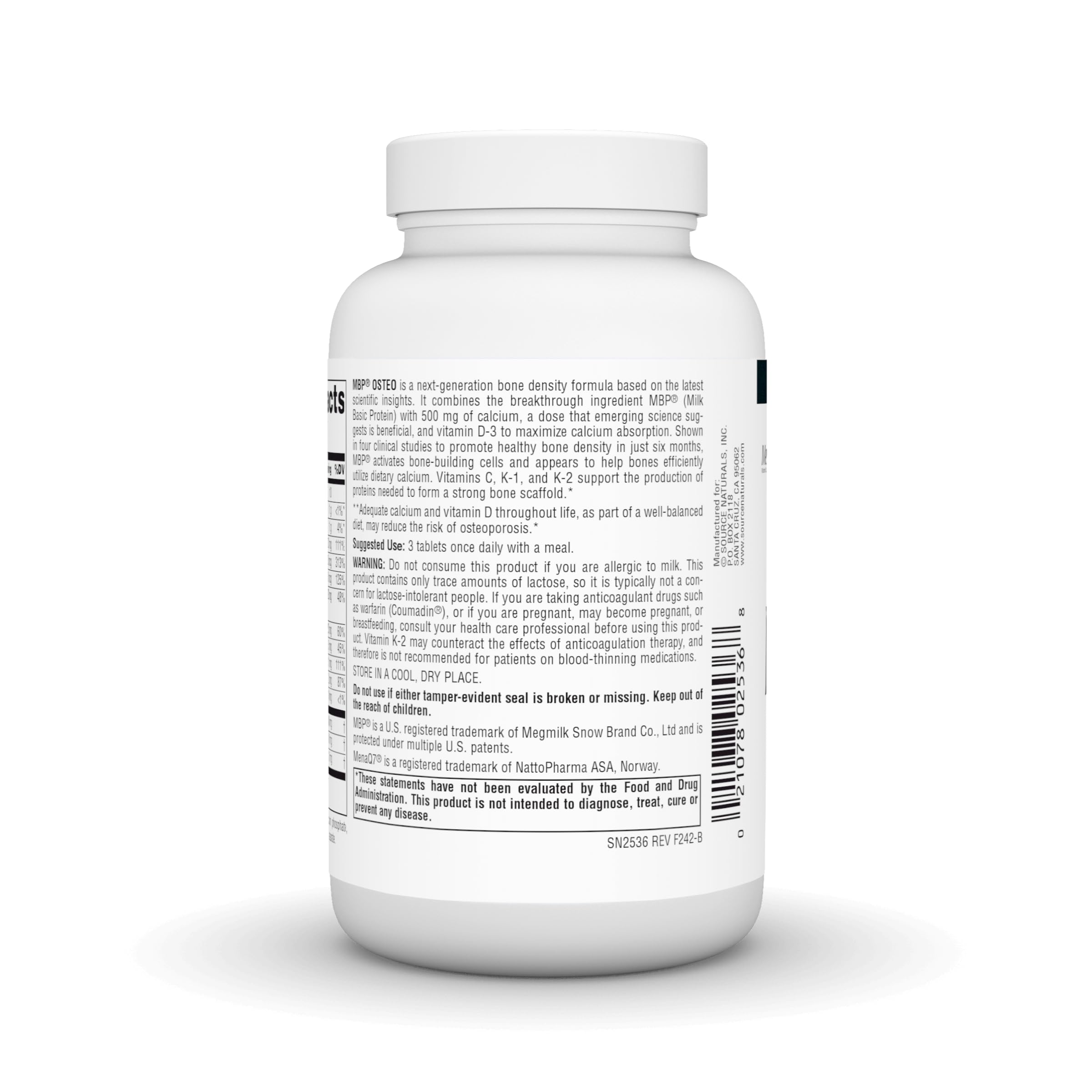 Diagram highlighting MBP, calcium 500 mg, and vitamin D-3 ingredients.