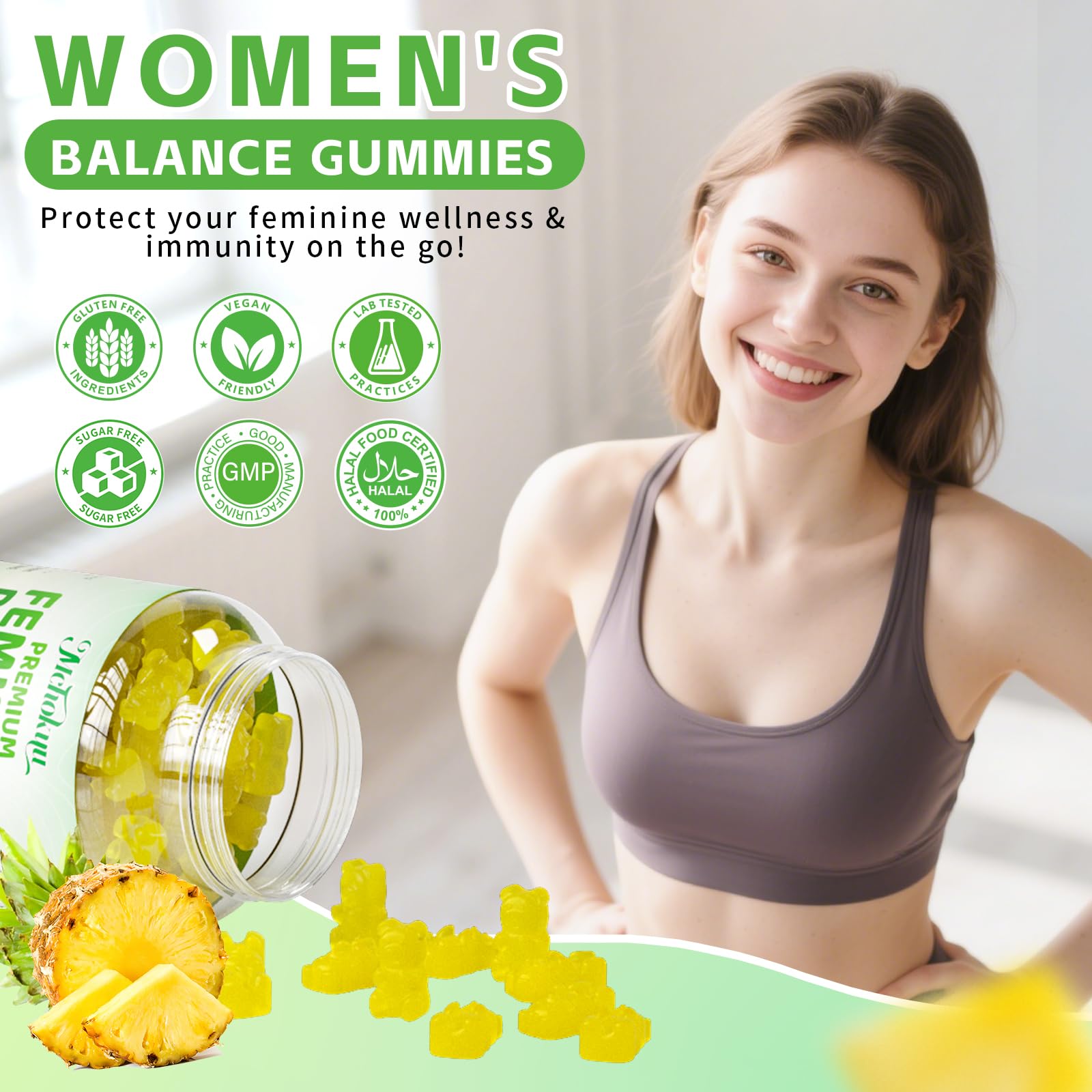 Gummies poured from bottle in pineapple flavor