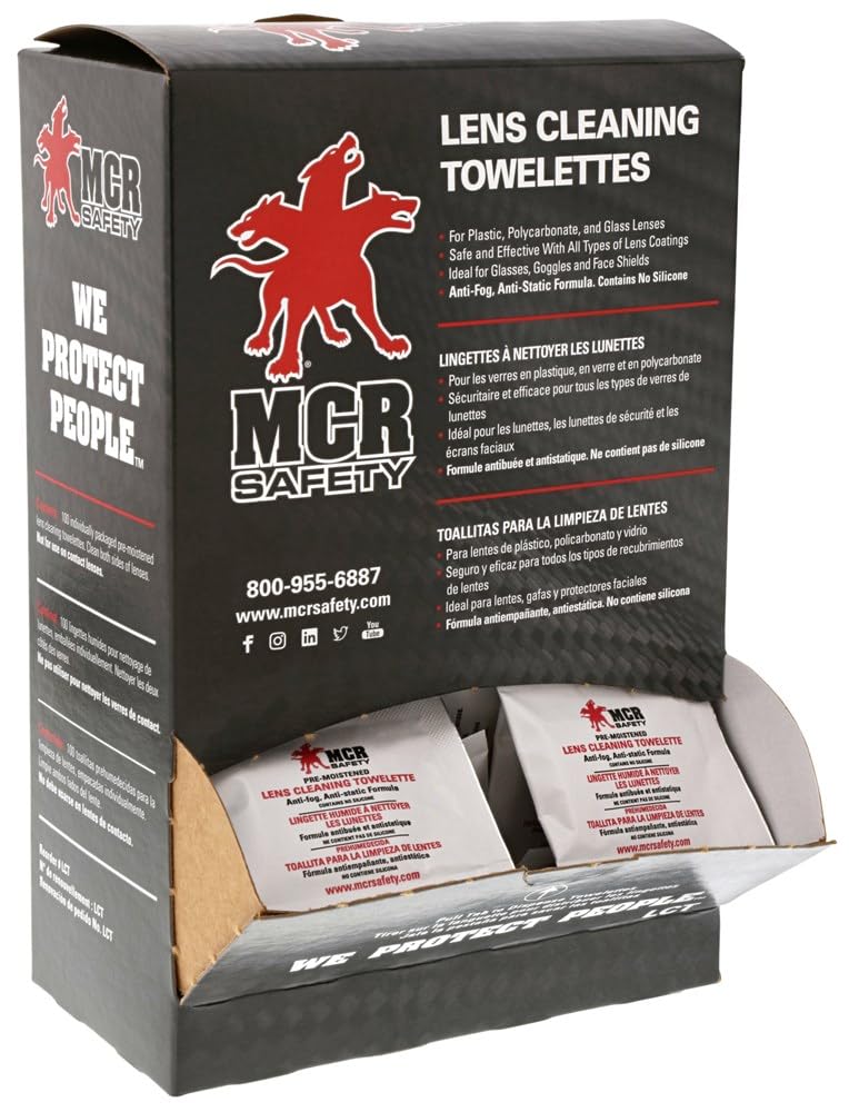 MCR Safety LCT lens cleaning towelette box showing anti-fog technology
