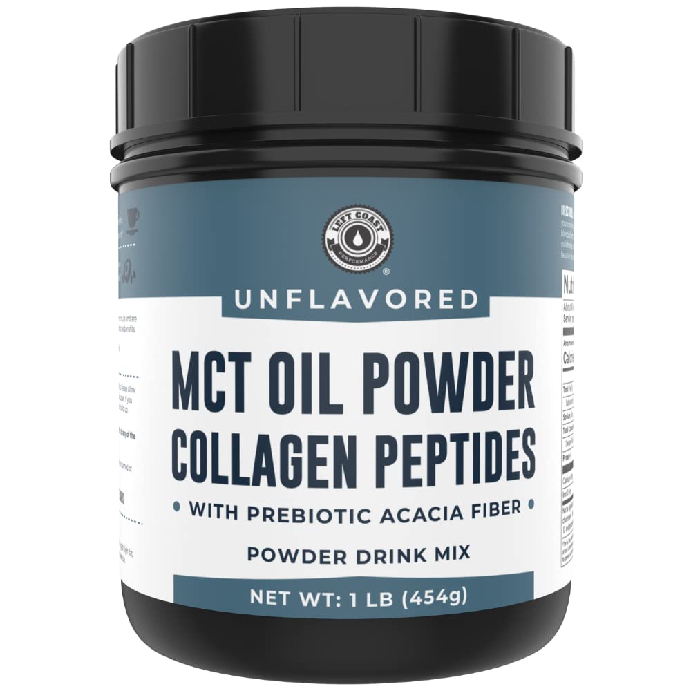 Front view of MCT Oil Powder + Keto Collagen Peptides + Acacia Fibre 16oz Unflavored bottle