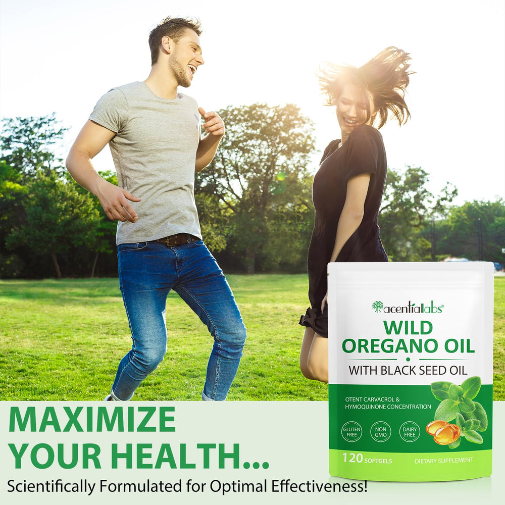 120-count bottle of oregano oil softgels on white background