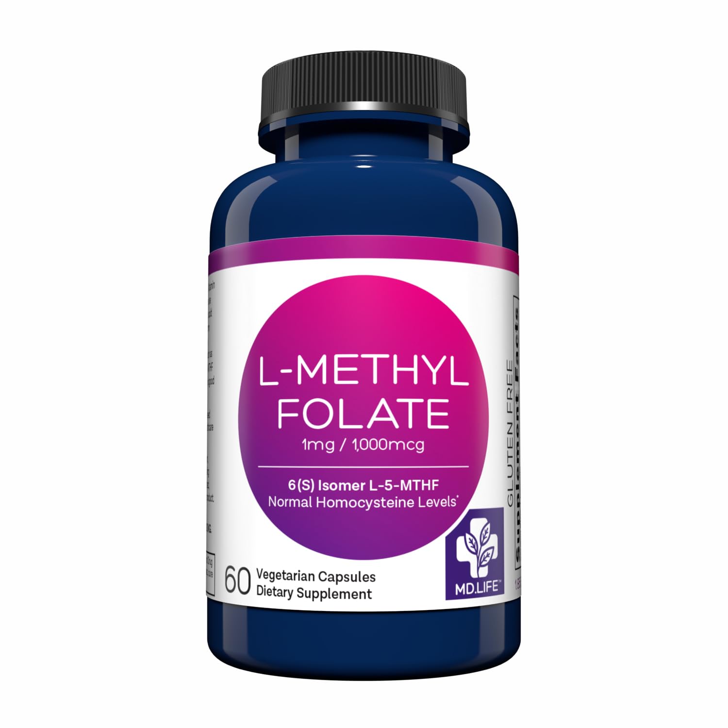 Front view of MD Life L-Methylfolate 1mg bottle