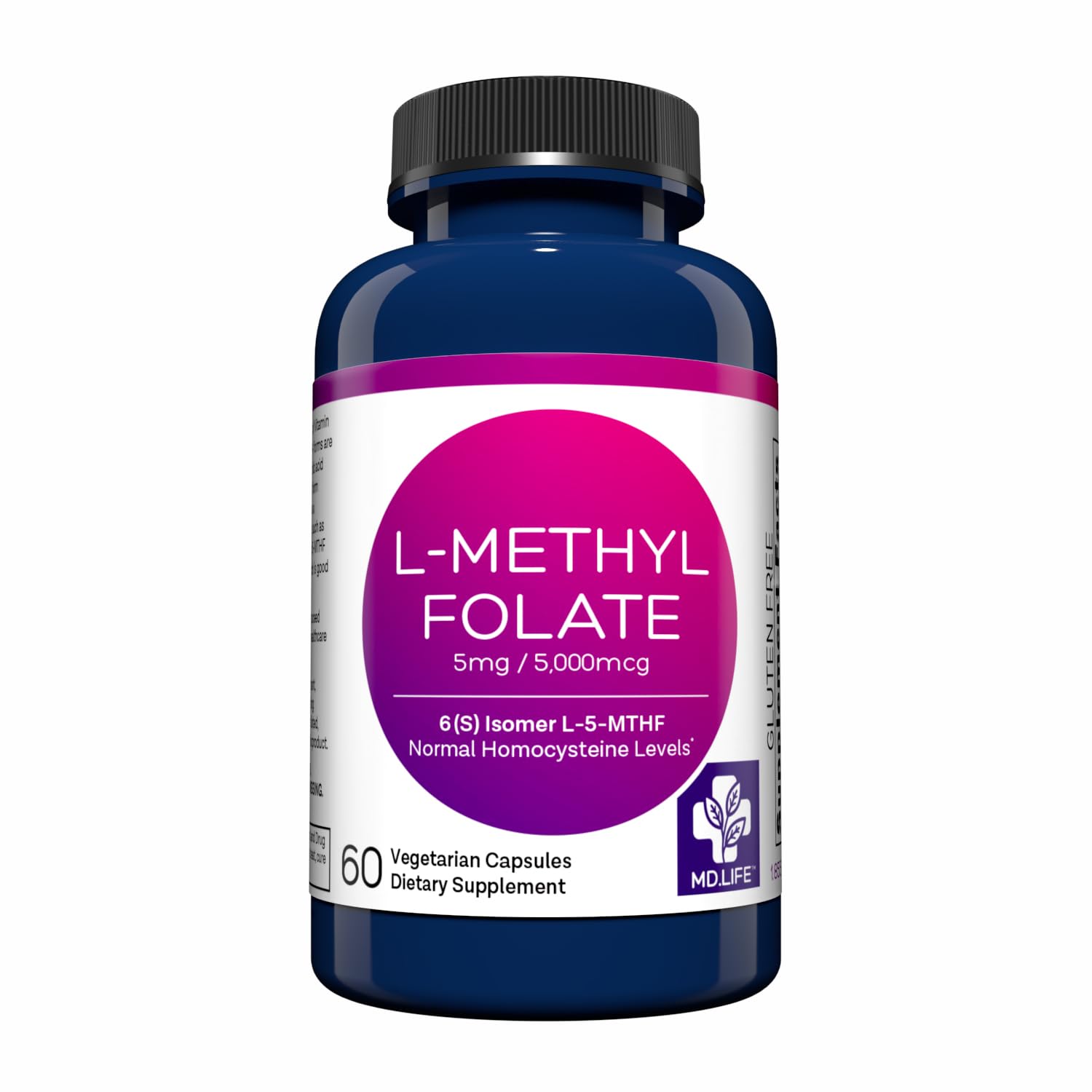 Product bottle of MD Life L-Methylfolate 5mg with label