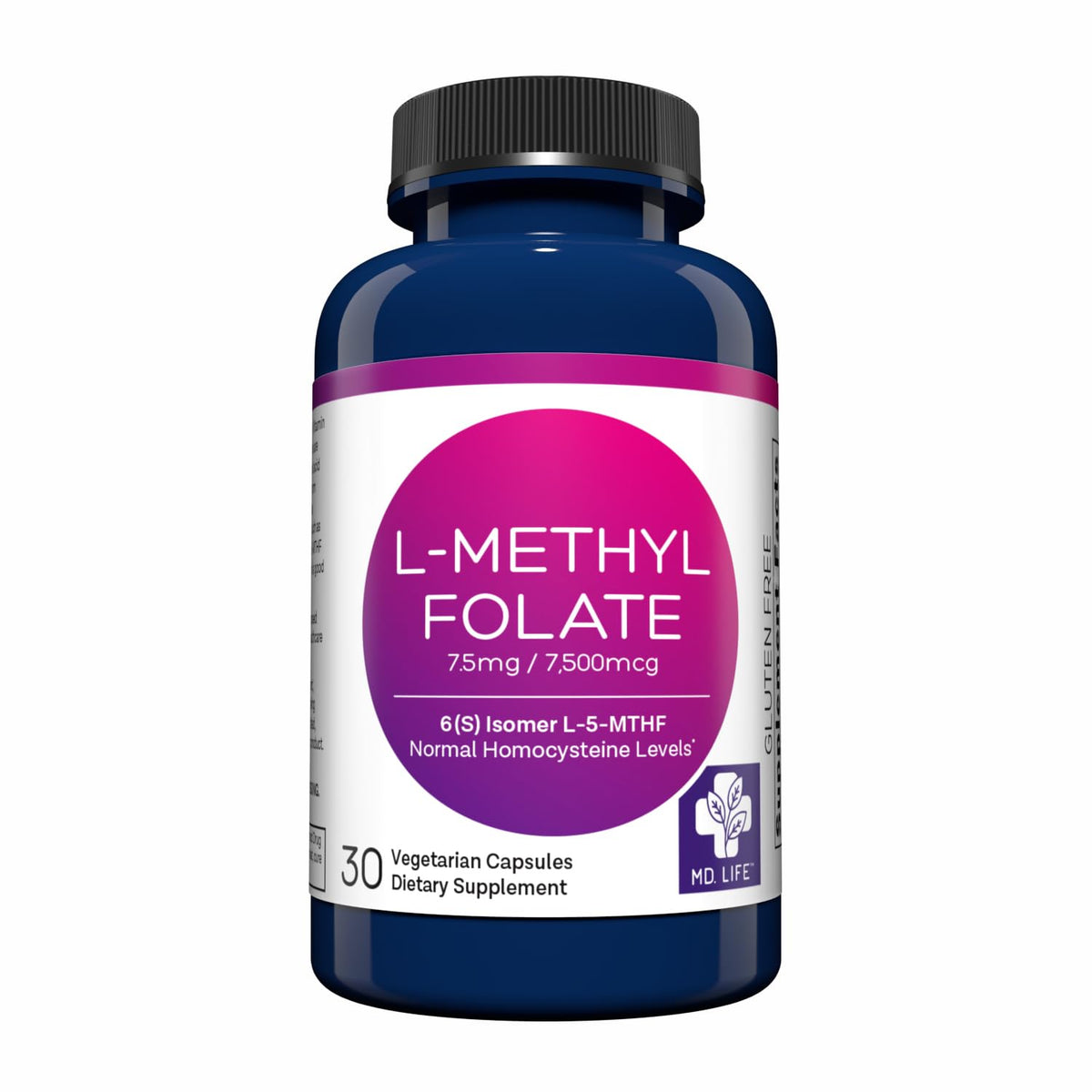 Bottle and label of MD Life L-Methylfolate 7.5 mg supplement - 30 capsules