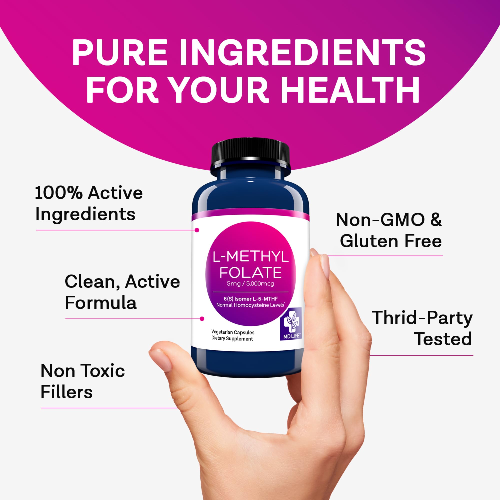 Vegan, non-GMO, gluten-free icons for MD.LIFE L-Methylfolate 5mg