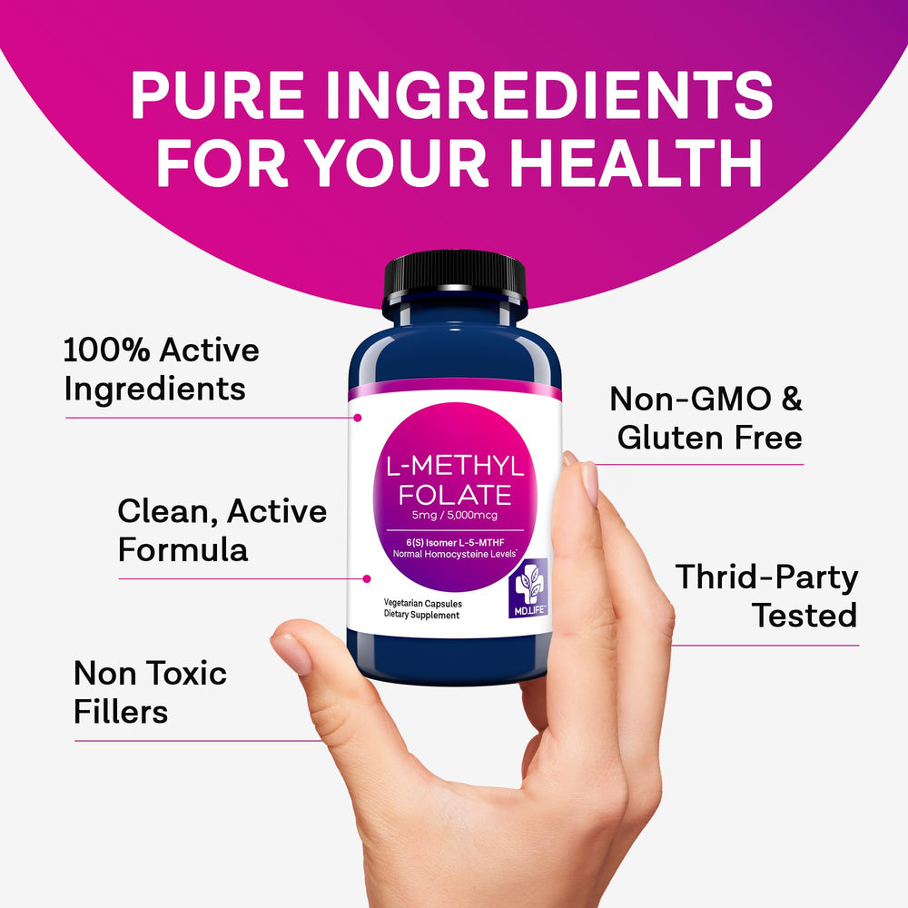 Vegan, non-GMO, gluten-free icons for MD.LIFE L-Methylfolate 5mg