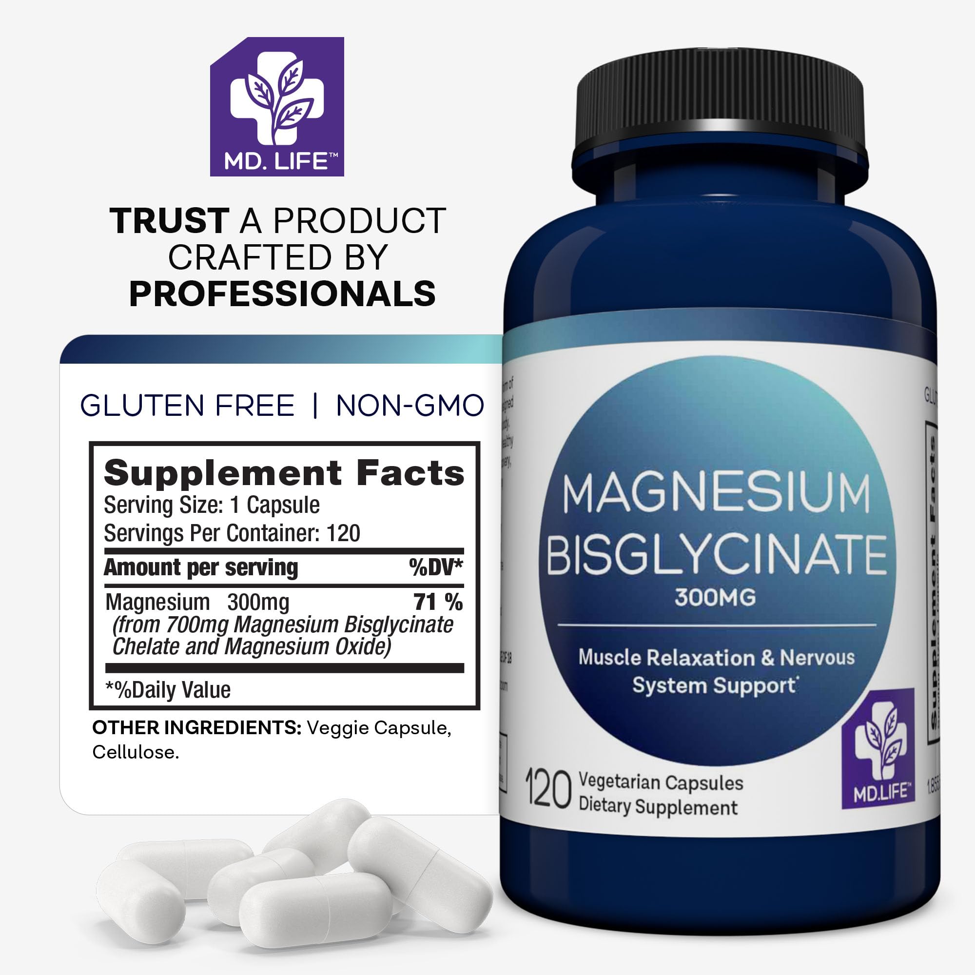 Vegan magnesium bisglycinate capsules in bottle