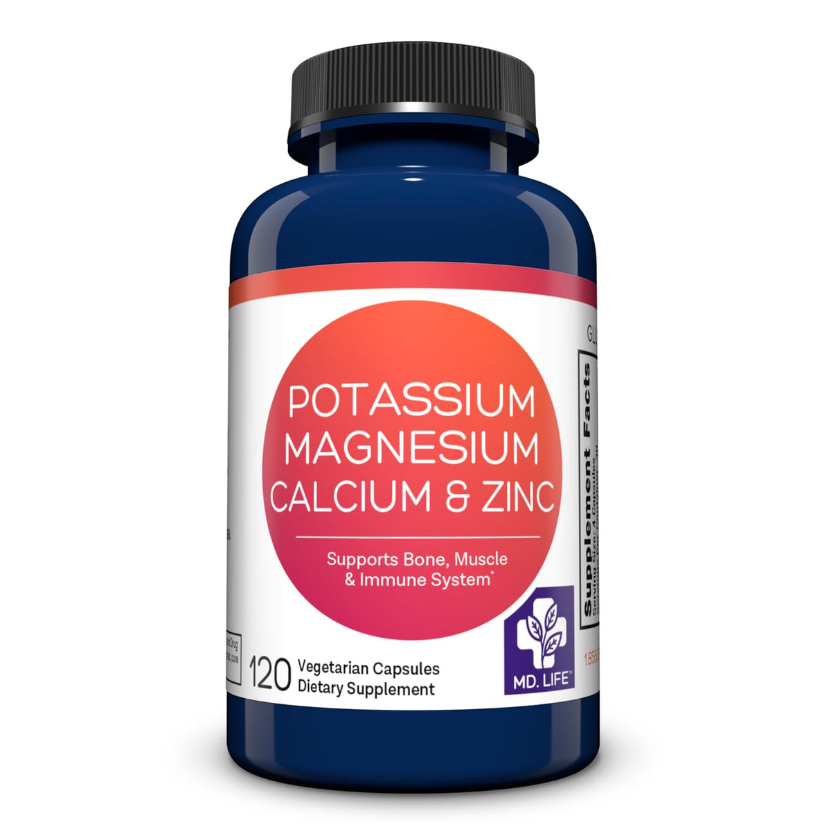 MD. Life Potassium Magnesium Zinc Calcium supplement bottle with 120 capsules