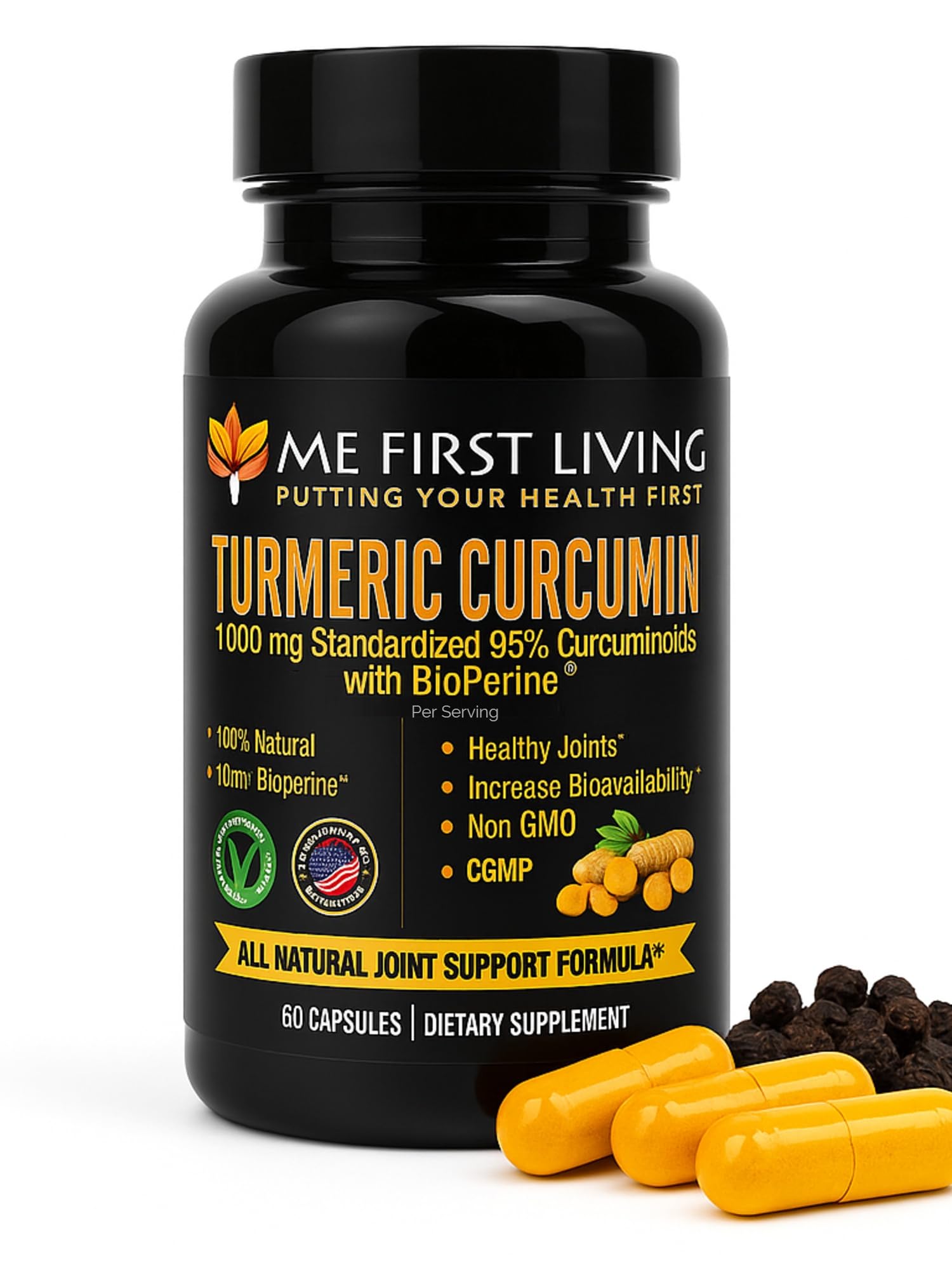 Bottle of Me First Living Turmeric Curcumin 1000 mg with label promoting 95% curcuminoids and Bioperine 10 mg