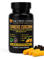 Bottle of Me First Living Turmeric Curcumin 1000 mg with label promoting 95% curcuminoids and Bioperine 10 mg