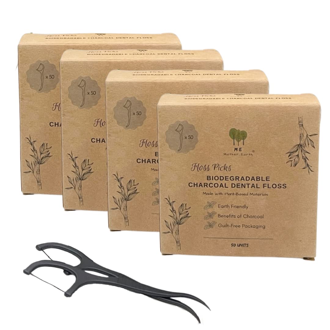 Charcoal-infused bamboo dental floss picks for vegan, plastic-free oral care