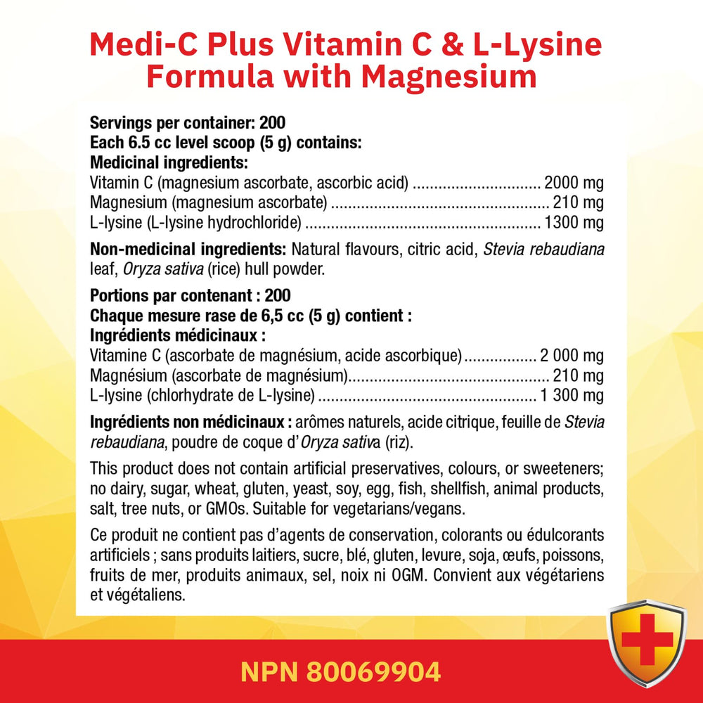 Nutritional information panel on Medi C Plus Lysine label
