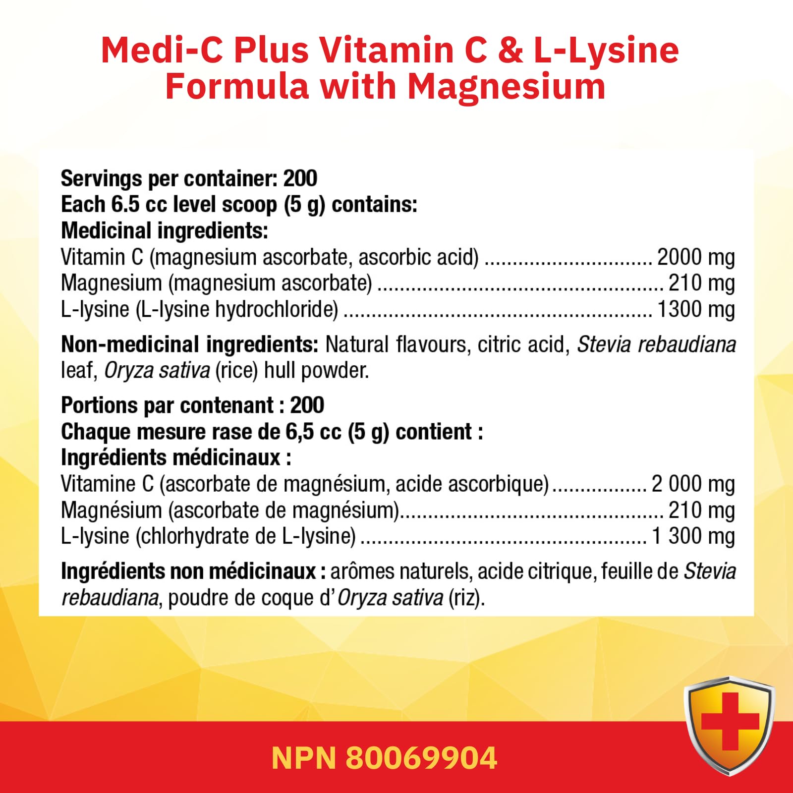 Nutrition facts panel for Medi C Plus Lysine Lemon Lime 1kg