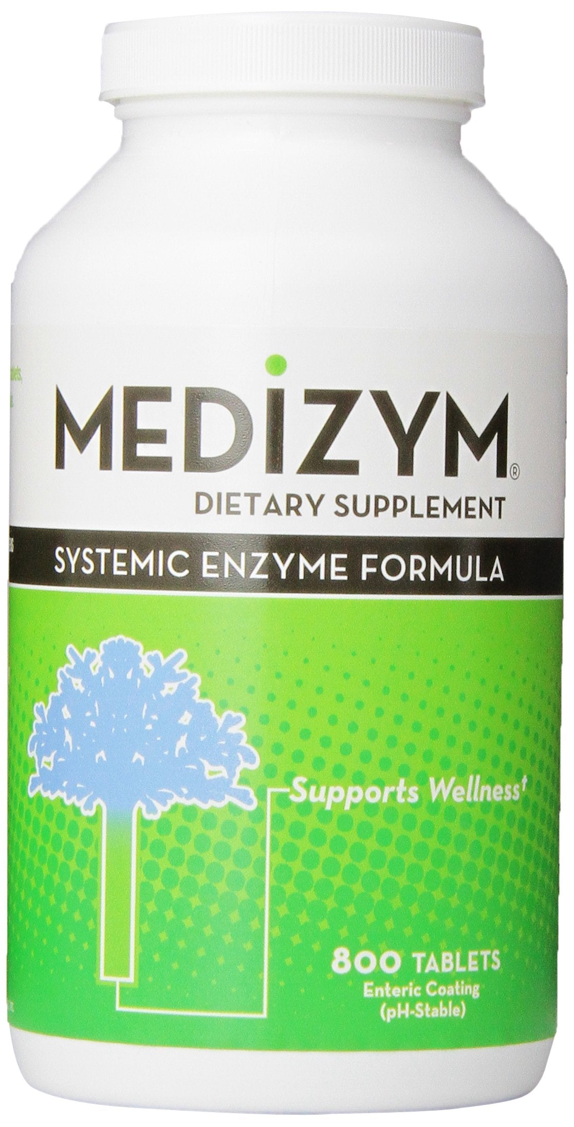 Medizym Systemic Enzyme 800 tablets bottle with yellowish green tan tablets