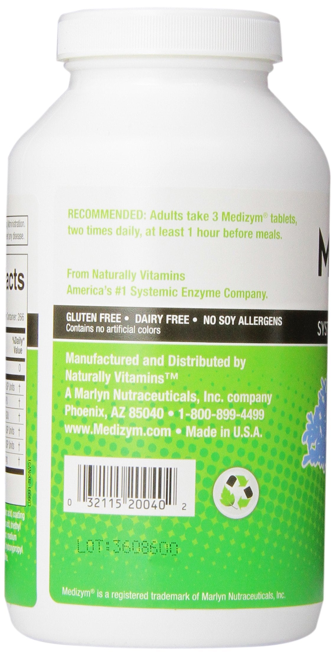 Close-up of Medizym Systemic Enzyme 800 tablets in bottle showing yellowish green tan color