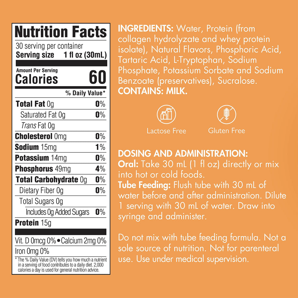 Medtrition liquid collagen peptides being poured to reveal 30 mL serving with 15 g protein