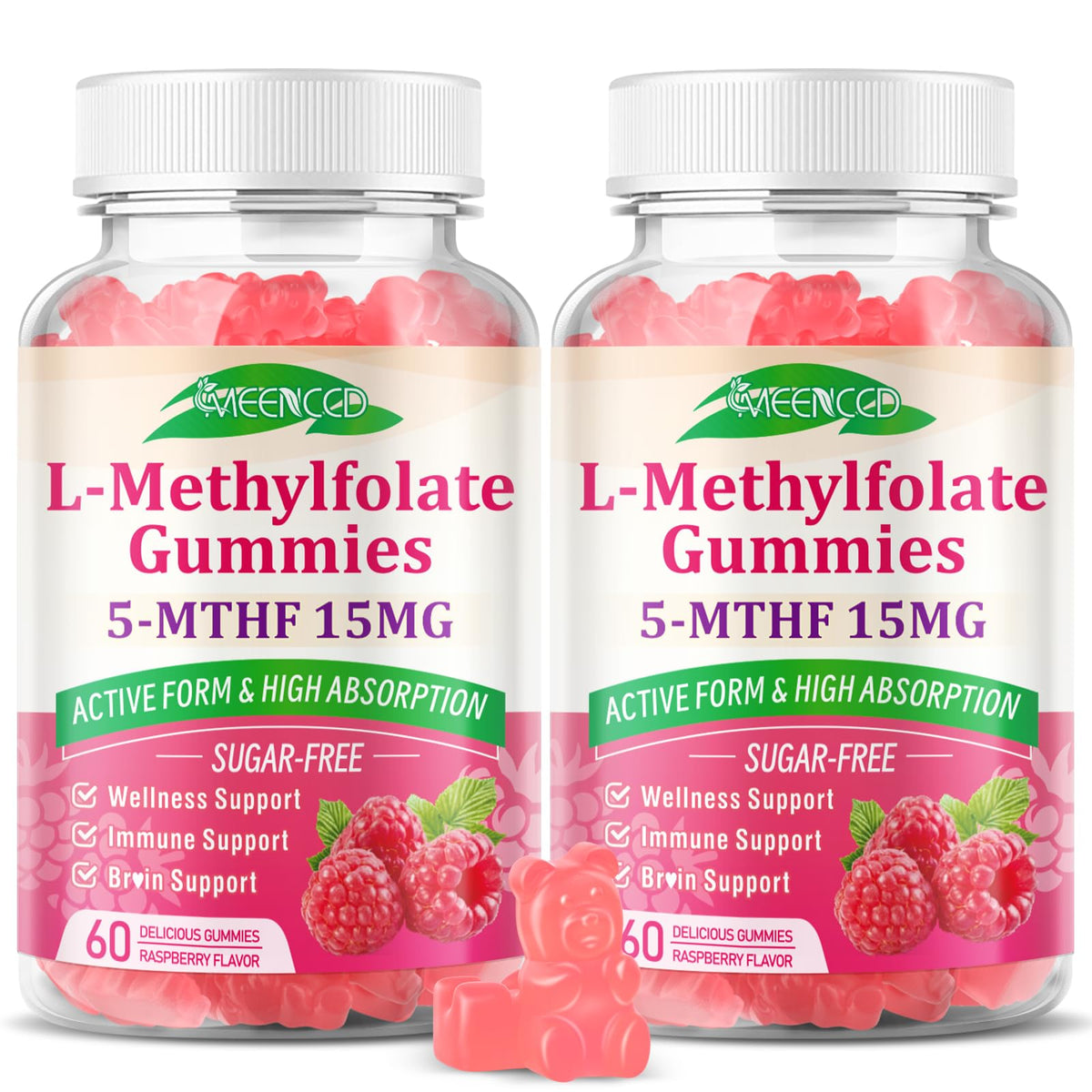 MEENCCD L-Methylfolate 15mg Gummies bottle with raspberry flavor, 120 count