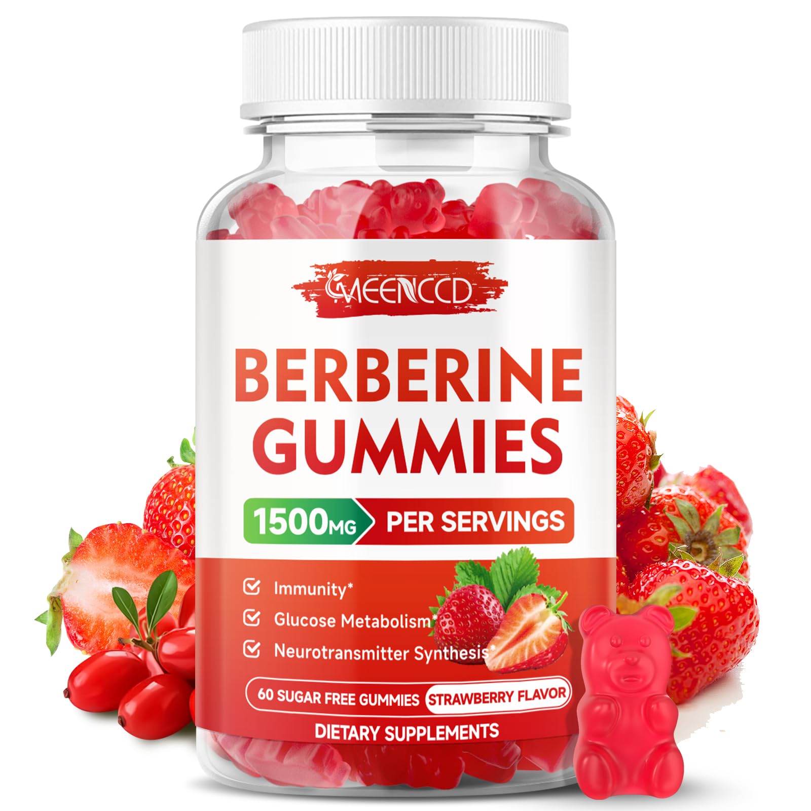 MEENCCD Berberine Gummies bottle with Strawberry flavor and Cinnamon on label