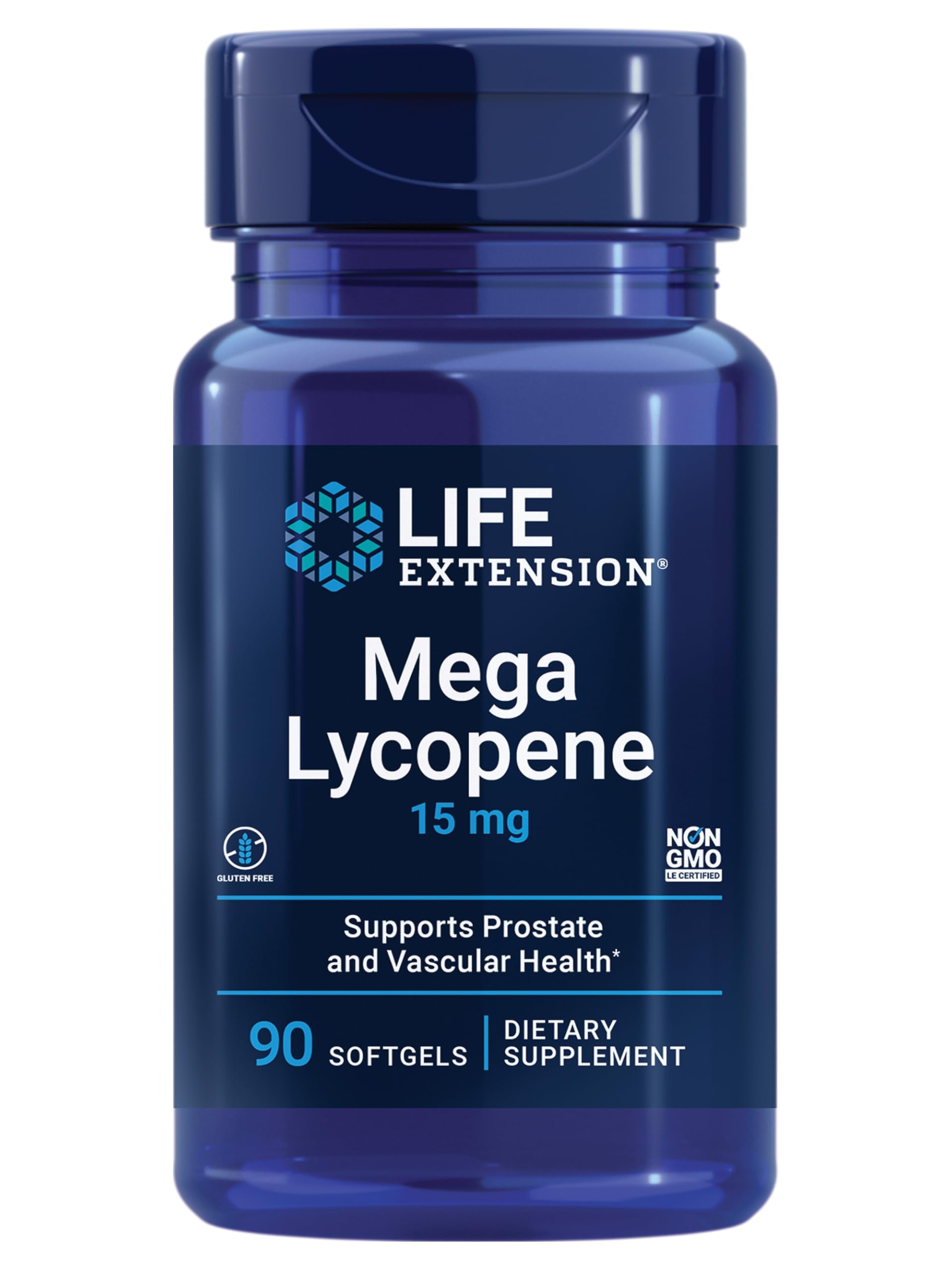 Front view of Life Extension Mega Lycopene bottle with label showing lycopene 15 mg