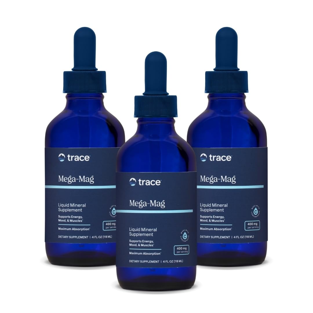Front view of Trace Minerals Mega-Mag liquid magnesium bottle in a 3-pack