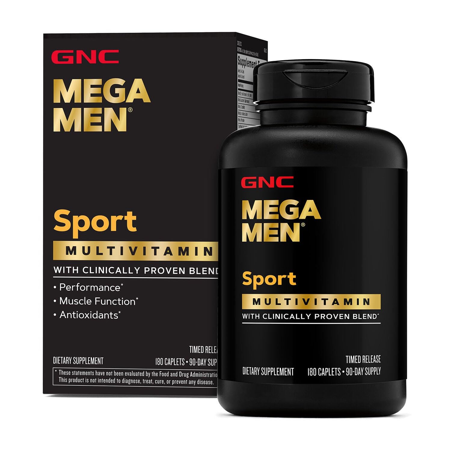 Front label of Mega Men Sport Multivitamin Caplets bottle