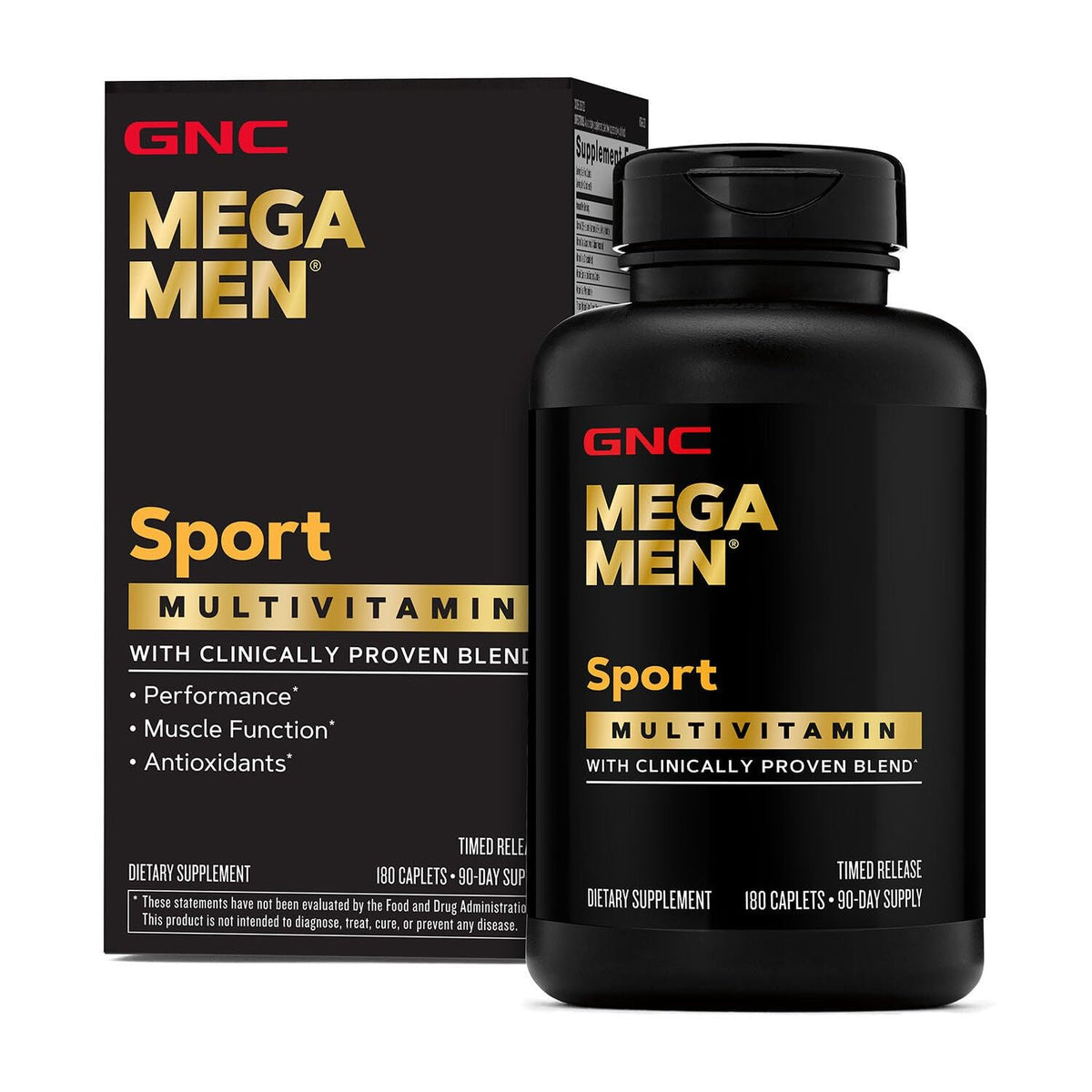 Front label of Mega Men Sport Multivitamin Caplets bottle