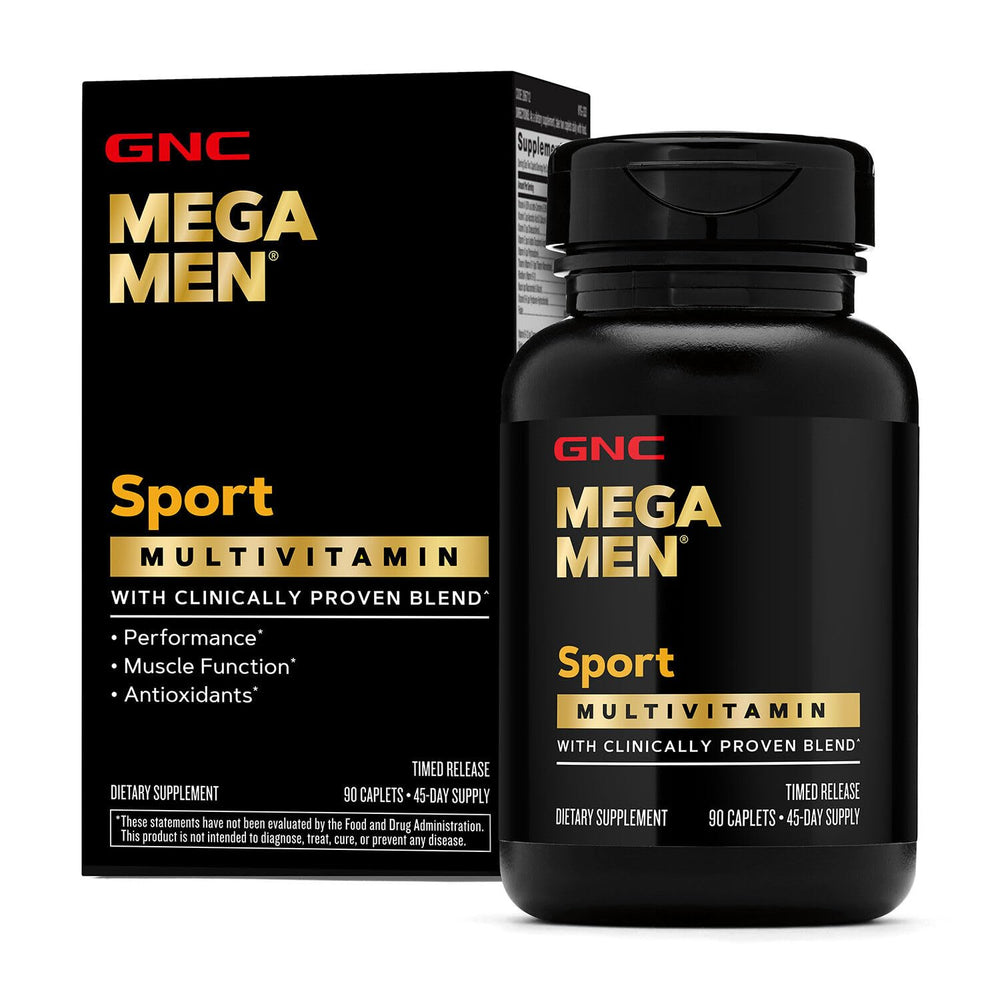 Bottle of Mega Men Sport Multivitamin Caplets with label
