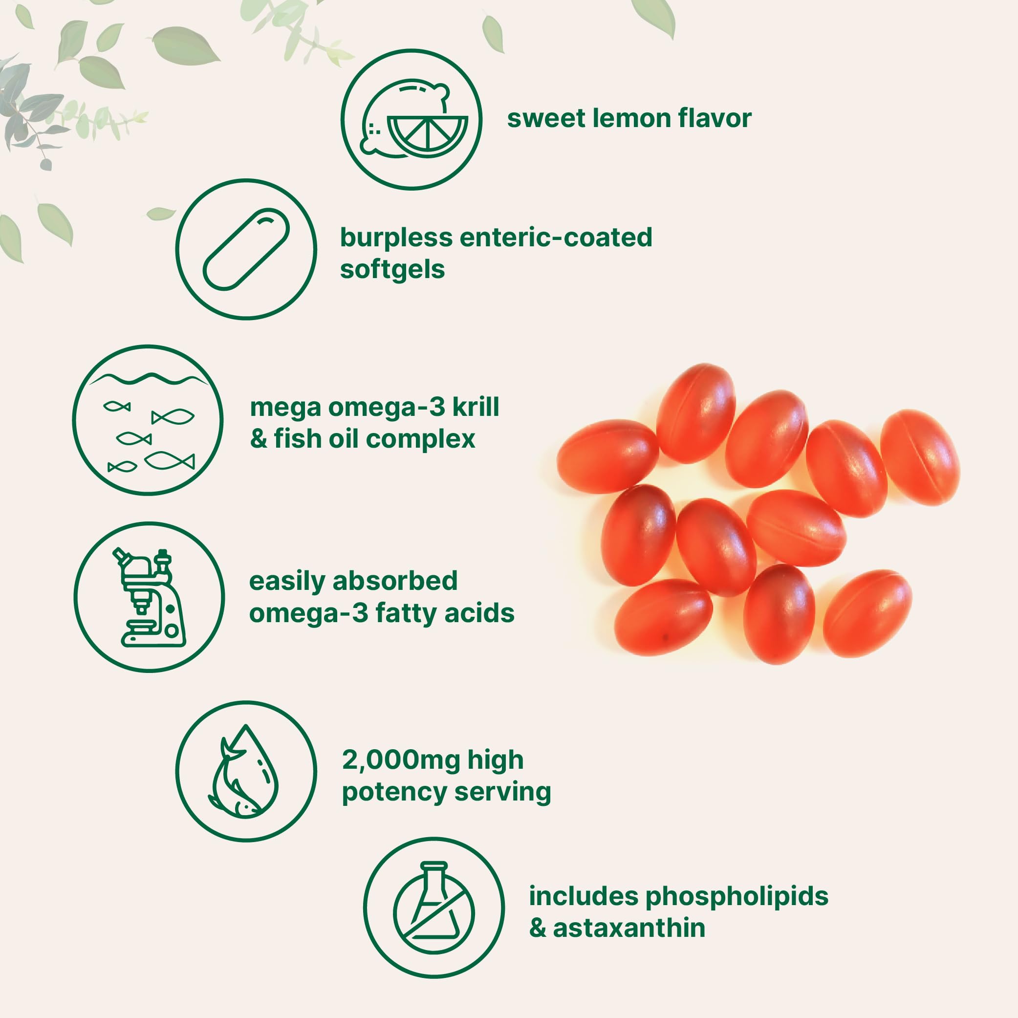 Omega-3 with EPA 350mg, DHA 230mg, and astaxanthin in lemon-flavored softgels