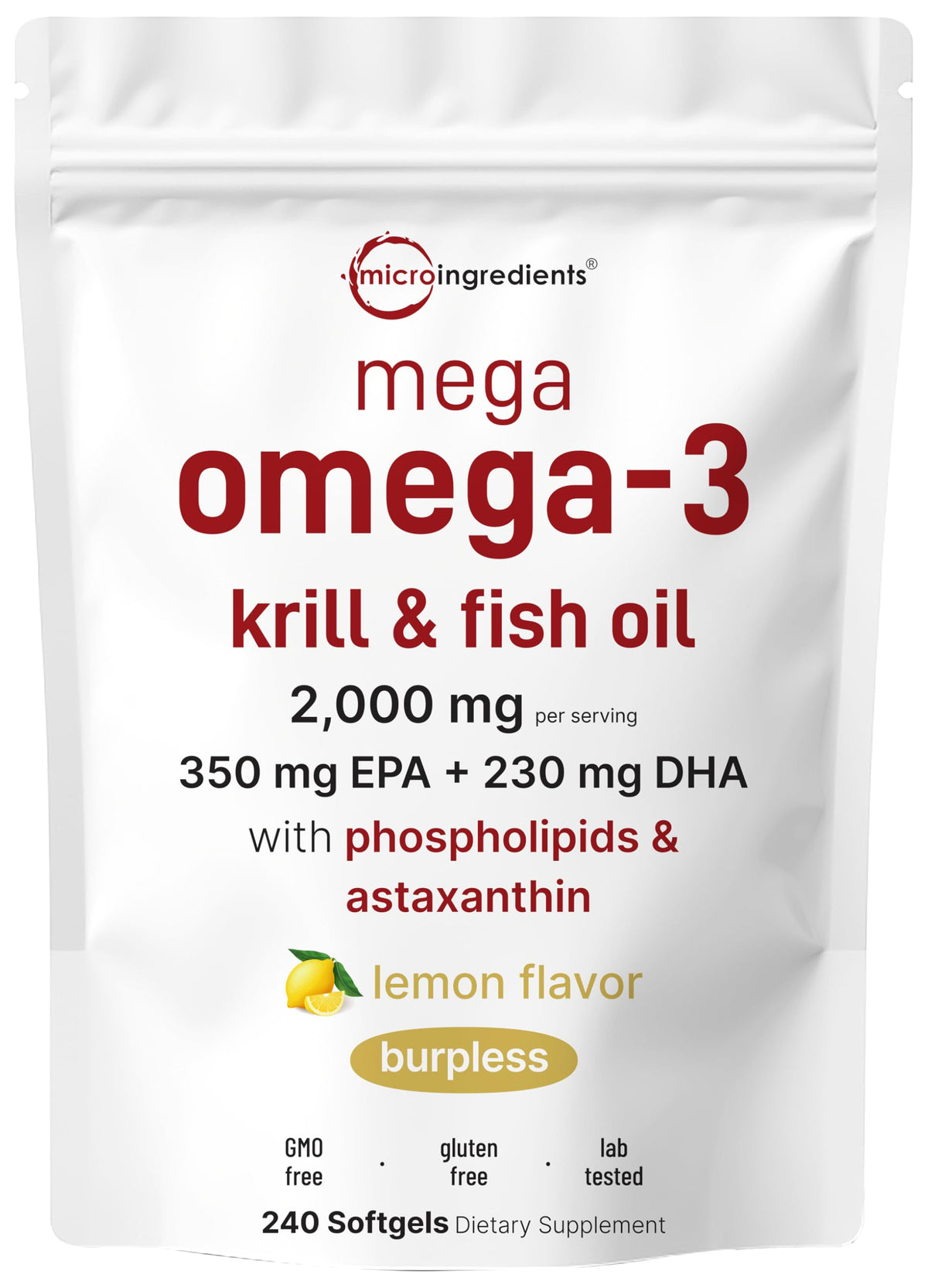 Mega Omega-3 Krill and Fish Oil 240 lemon-flavored softgels