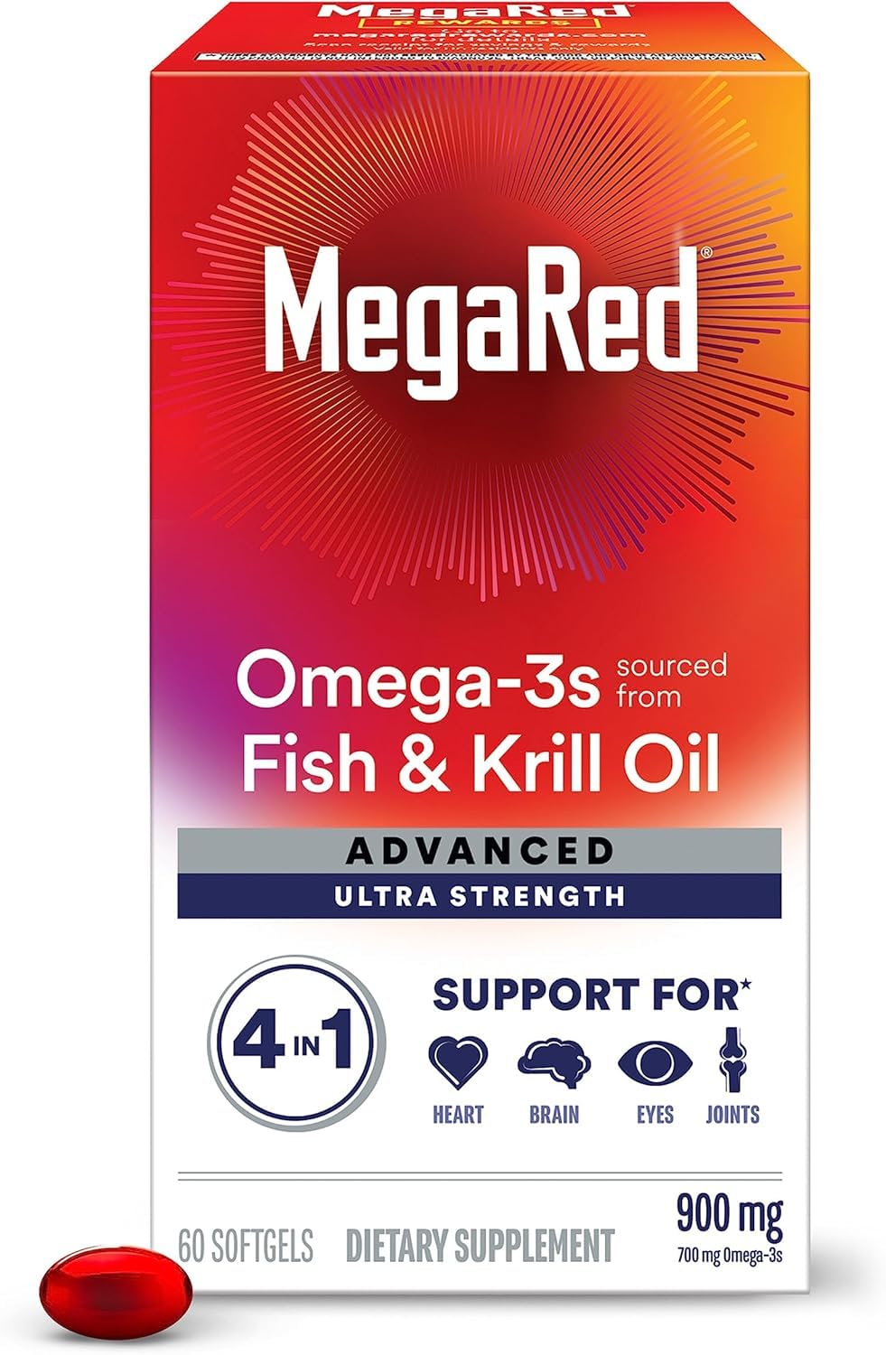 MegaRed Advanced 4-in-1 900mg Omega-3 Fish & Krill Oil Softgel Value Pack – 2 Bottles x 60