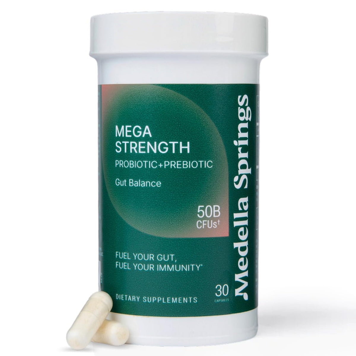 Mega-Strain 50 Billion CFU Probiotics bottle with 30 capsules