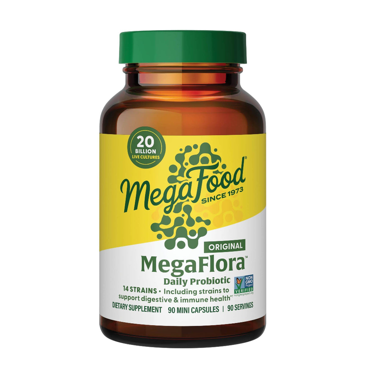 MegaFood MegaFlora Probiotic bottle showing 90 mini capsules