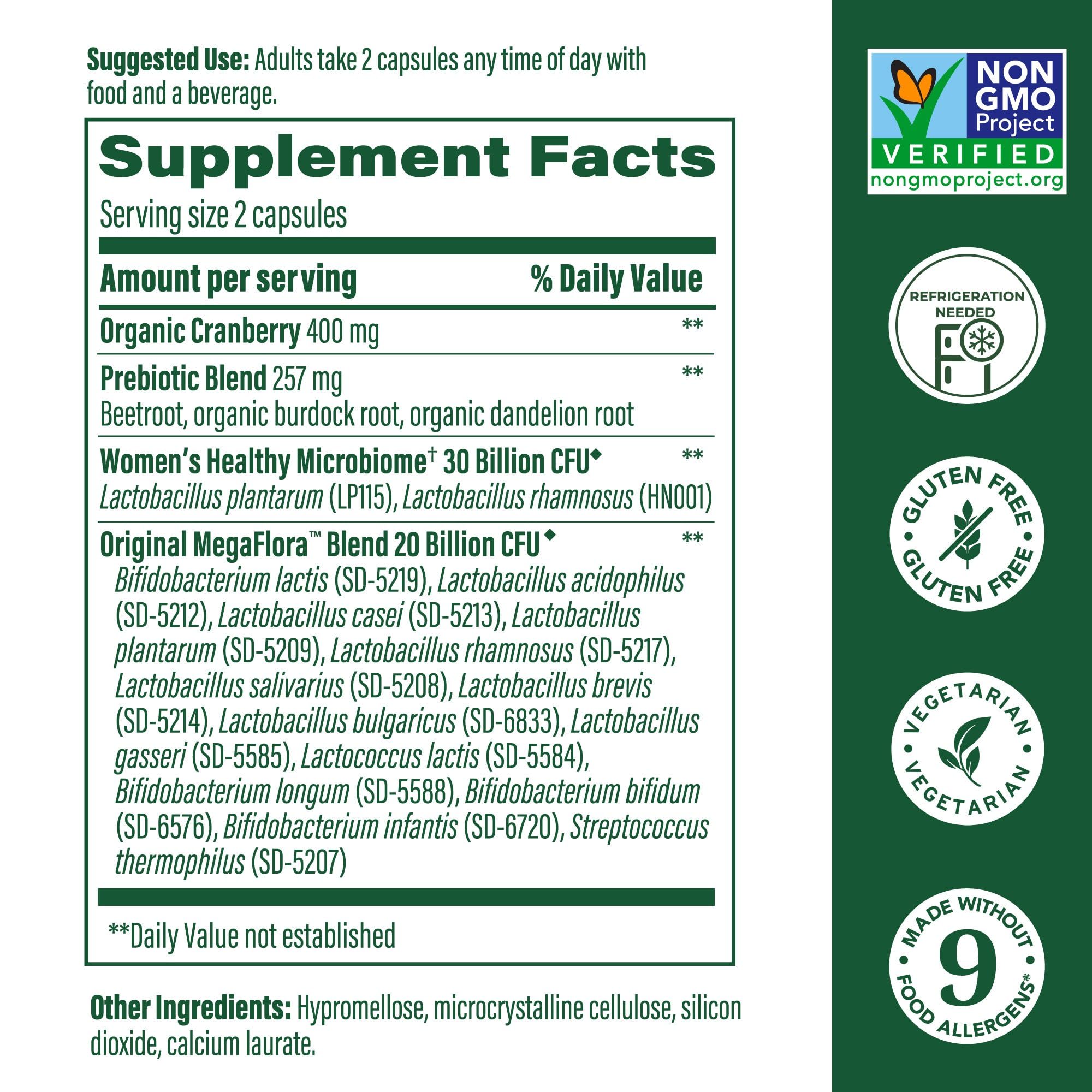 Package packshot showing MegaFlora for Women with 50B CFU, 14 strains, and cranberry