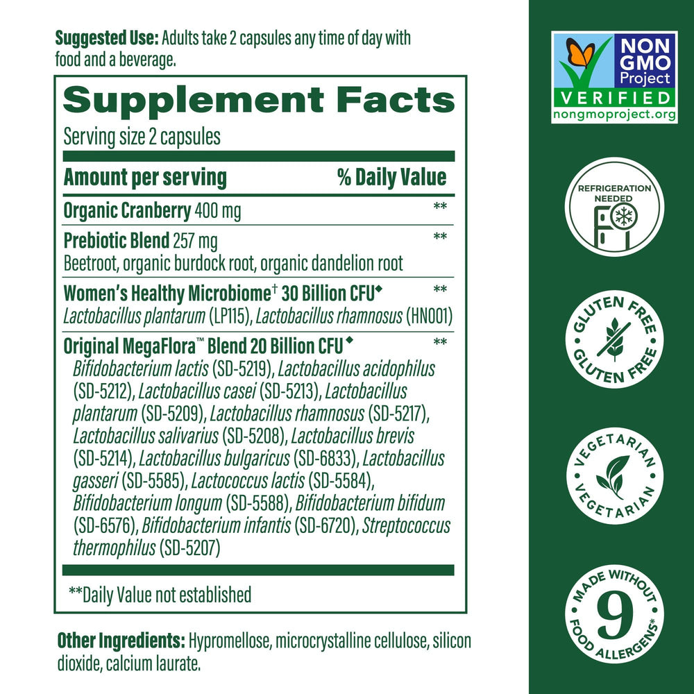 Package packshot showing MegaFlora for Women with 50B CFU, 14 strains, and cranberry