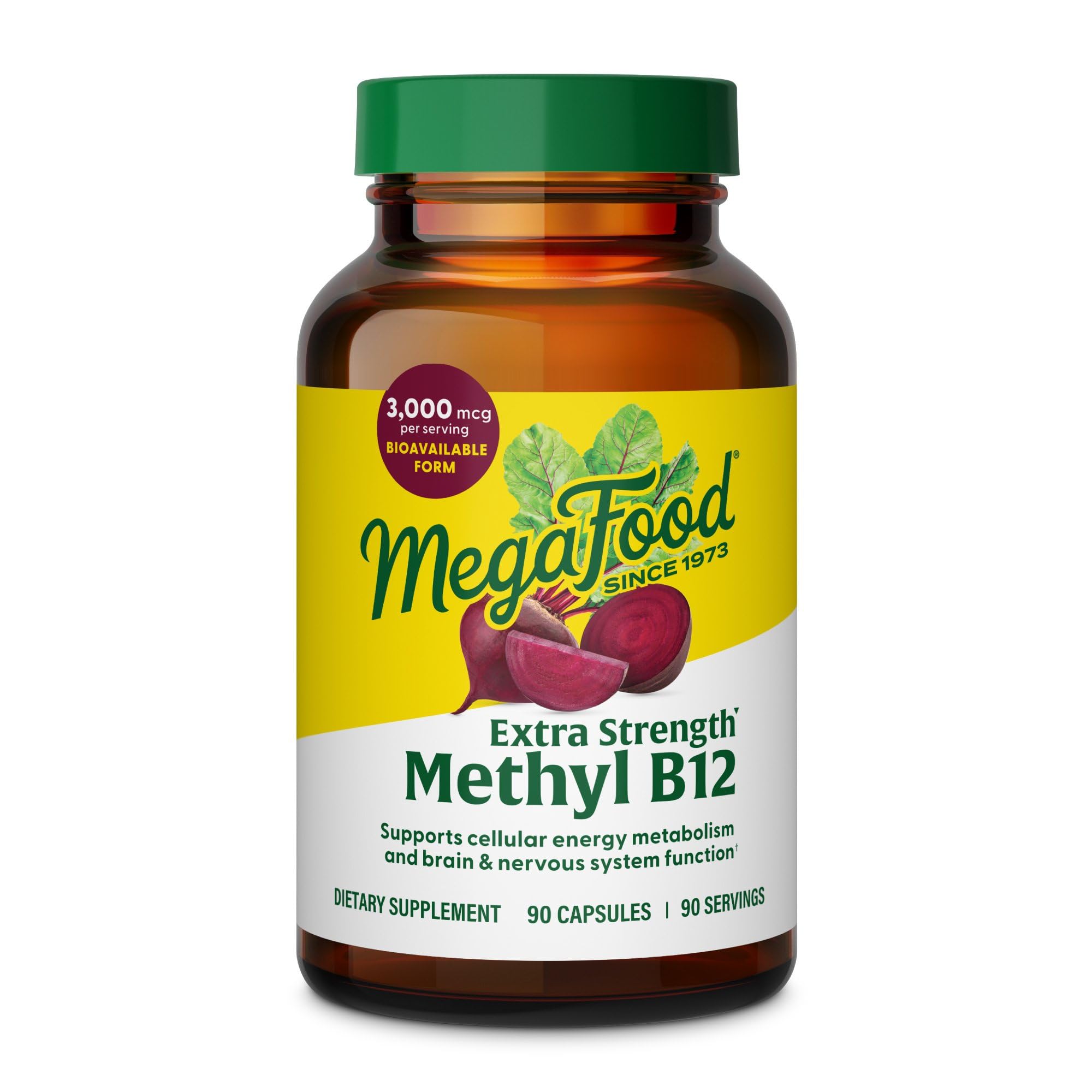 MegaFood Extra Strength Methyl B12 bottle label showing 3000mcg per serving
