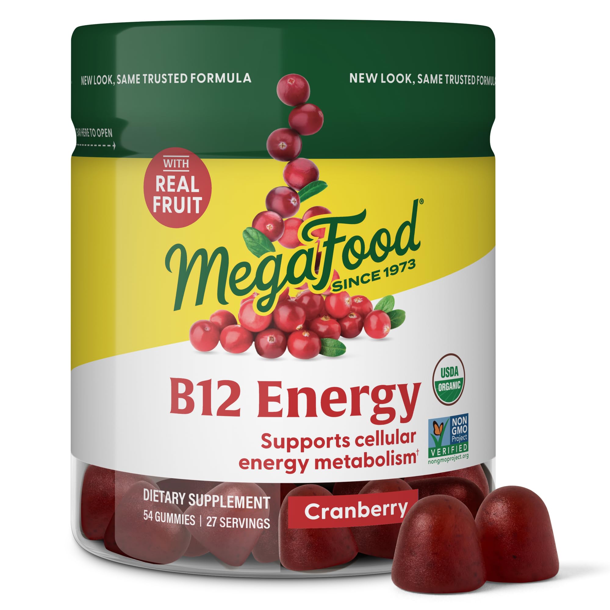 Front of MegaFood B12 Energy Gummies bottle with Cranberry flavor