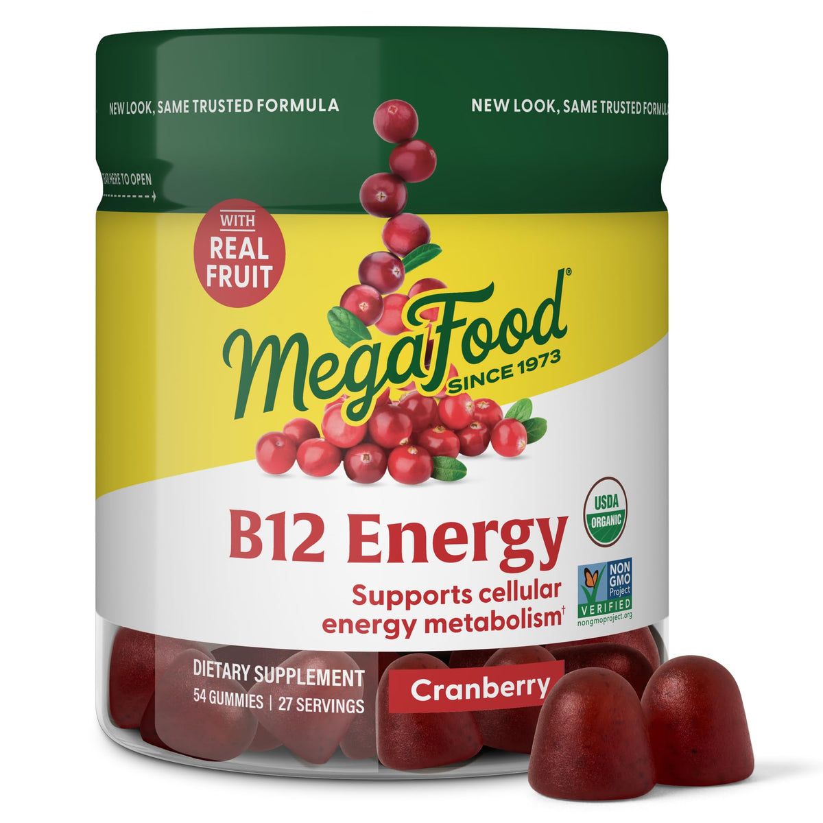 Front of MegaFood B12 Energy Gummies bottle with Cranberry flavor